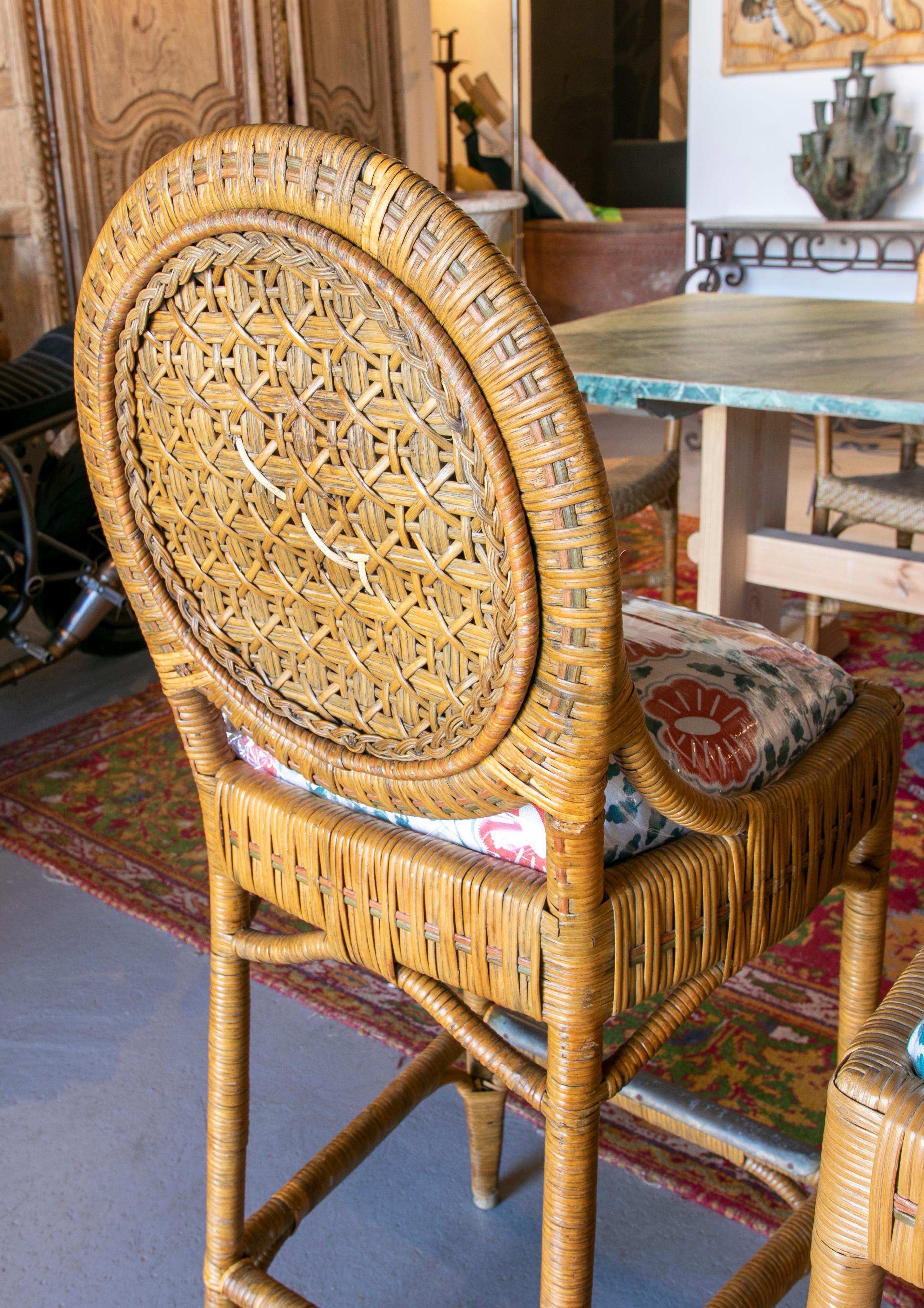 1980s Set of Five Upholstered Wicker Stools 5