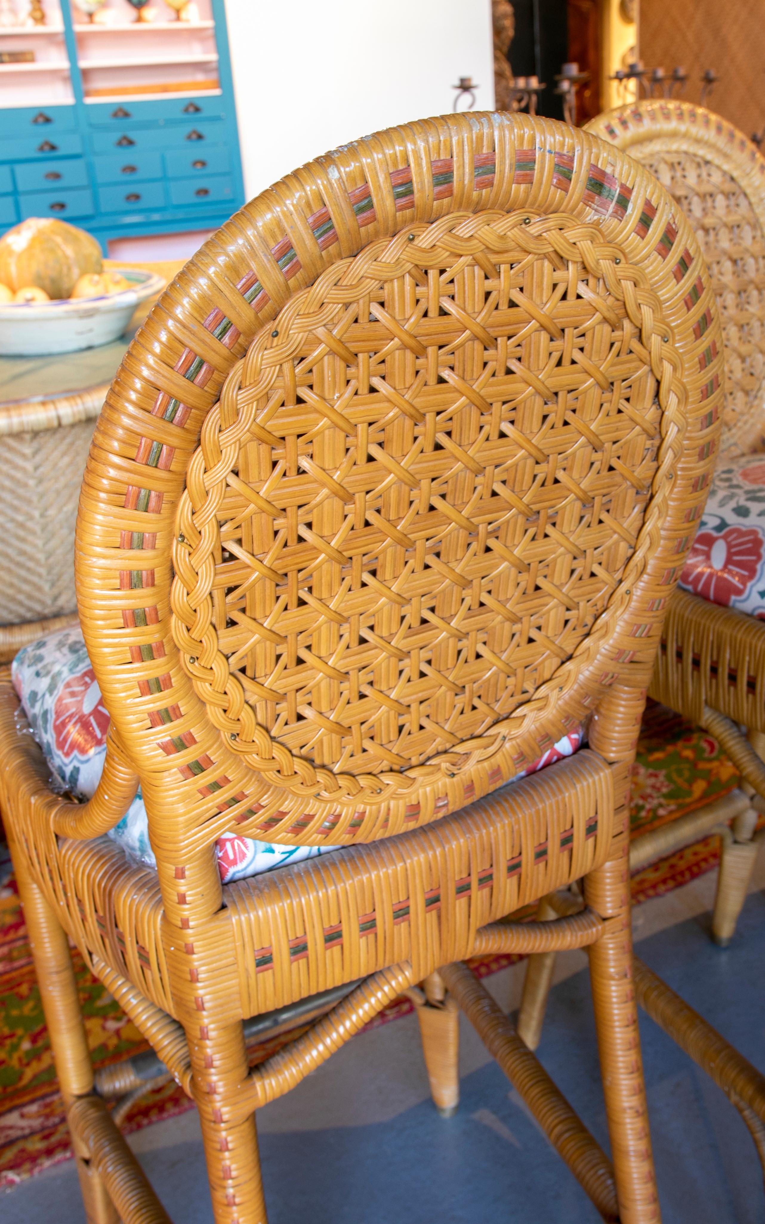 1980s Set of Five Upholstered Wicker Stools 6