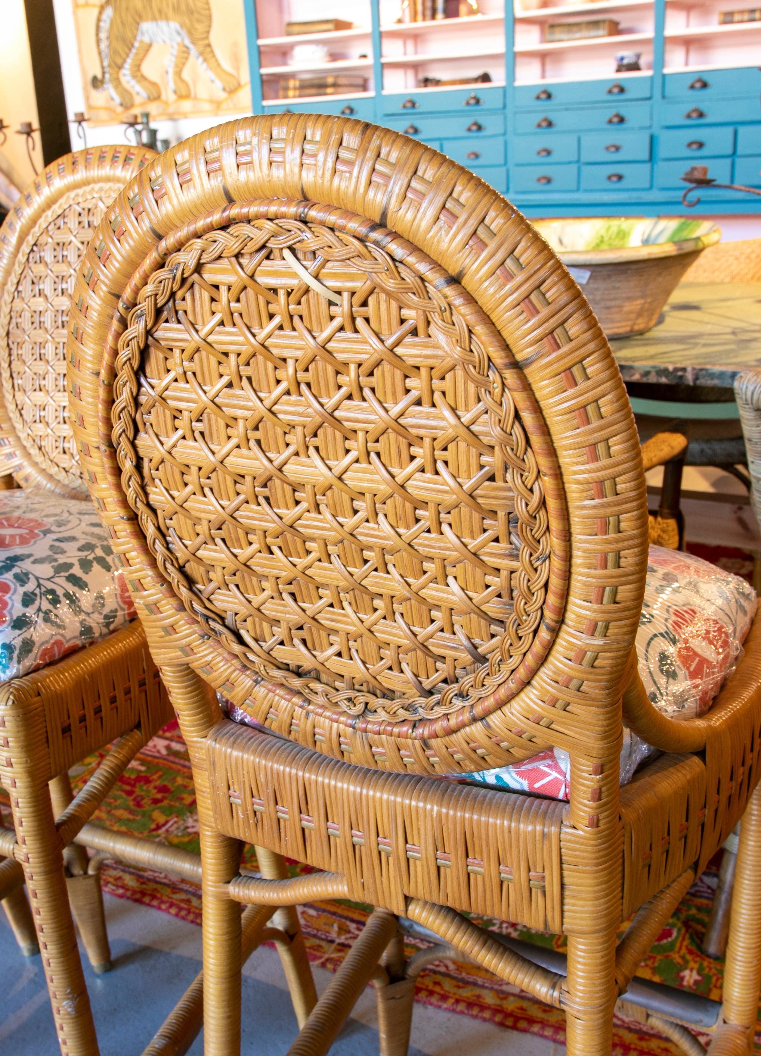 1980s Set of Five Upholstered Wicker Stools 7
