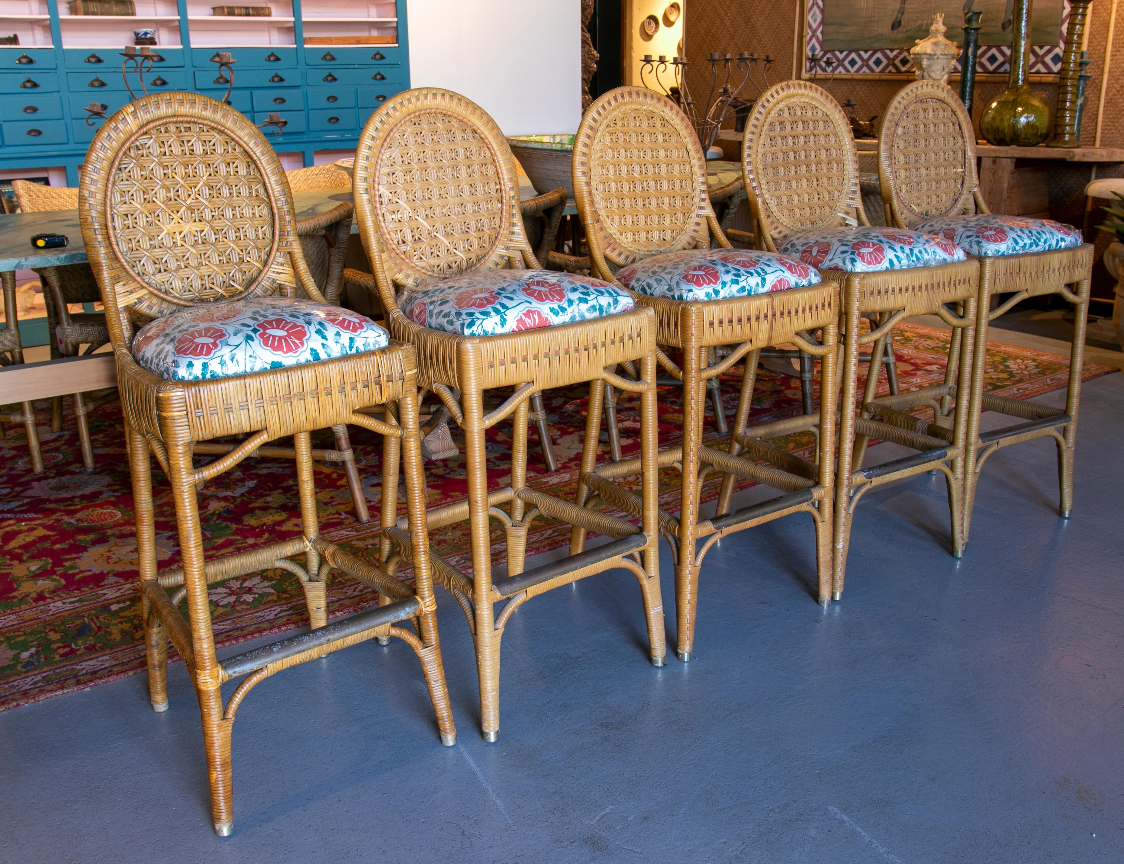 Spanish 1980s Set of Five Upholstered Wicker Stools