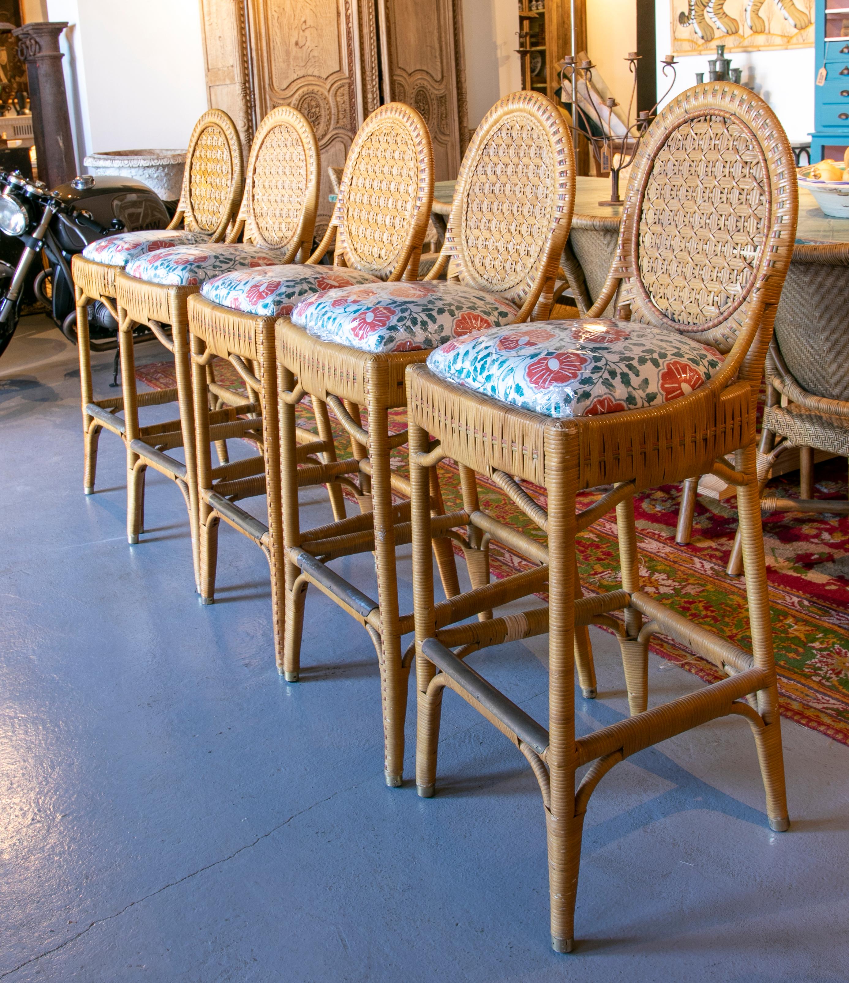 20th Century 1980s Set of Five Upholstered Wicker Stools