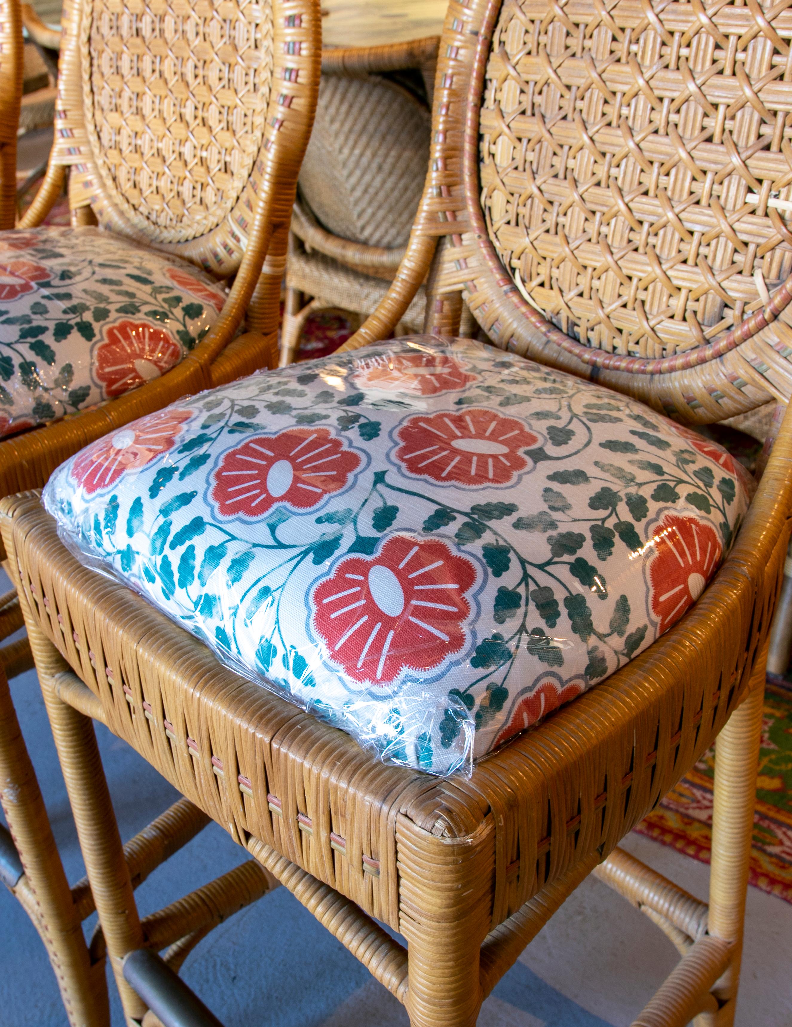 1980s Set of Five Upholstered Wicker Stools 1