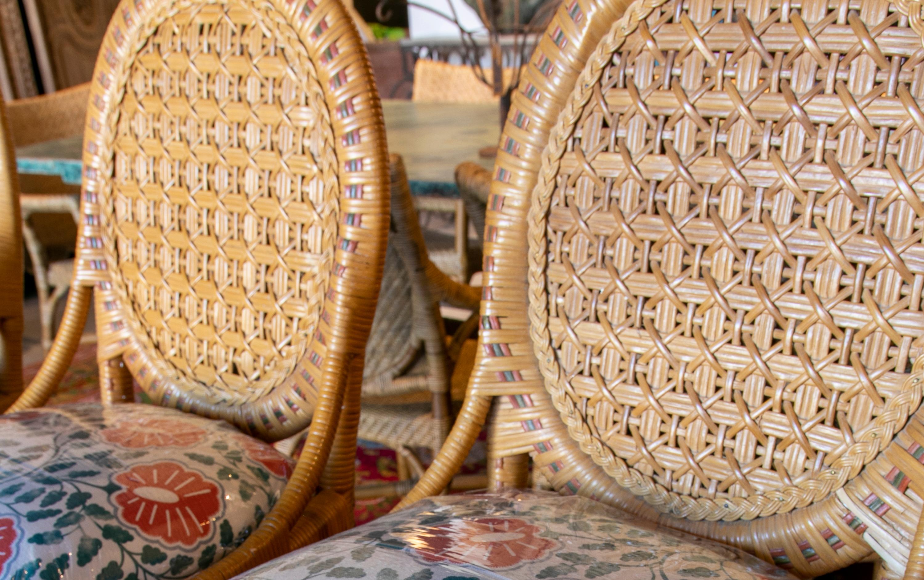 1980s Set of Five Upholstered Wicker Stools 2