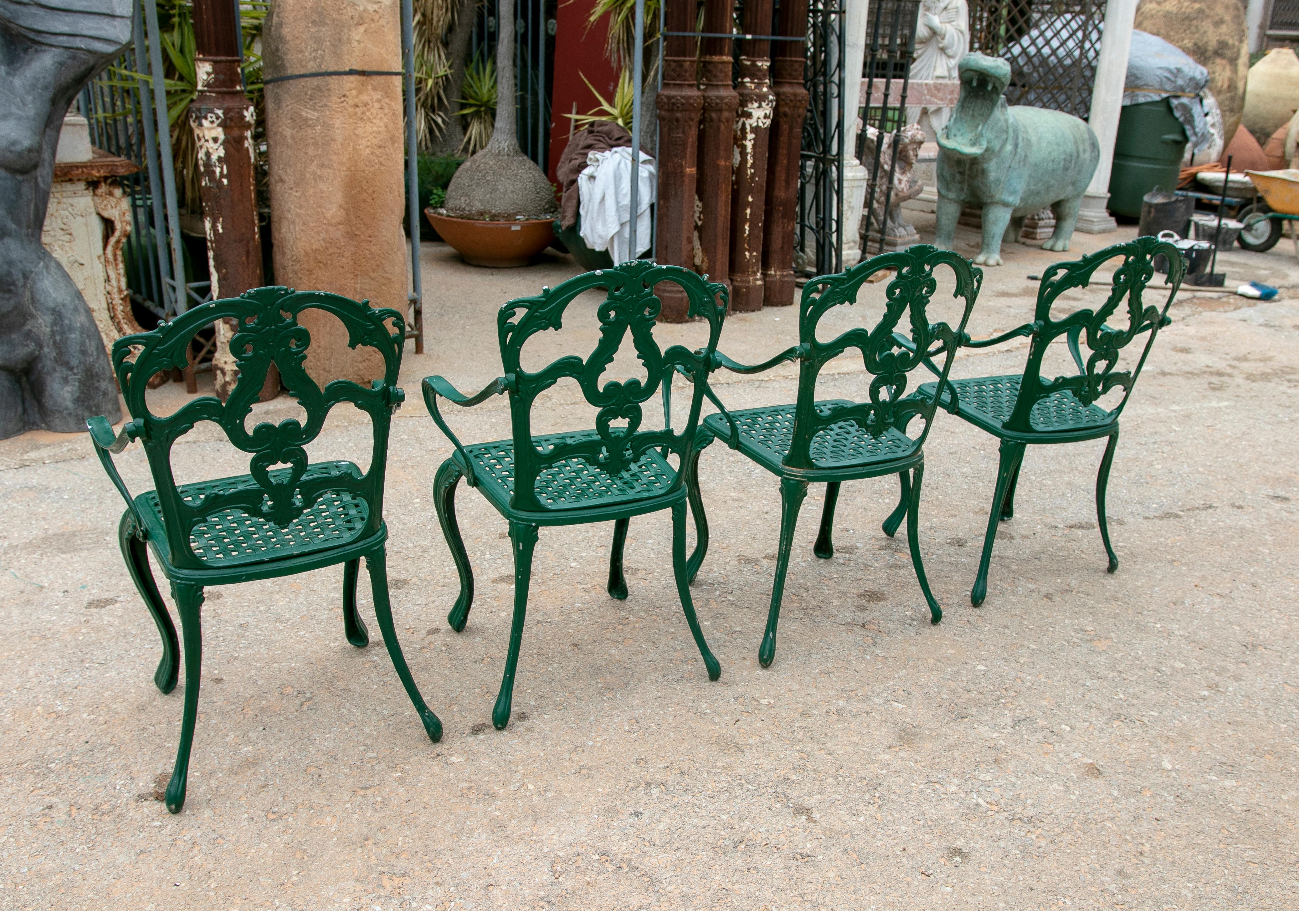 Spanish 1980s Set of Four Green-Painted Iron Chairs 