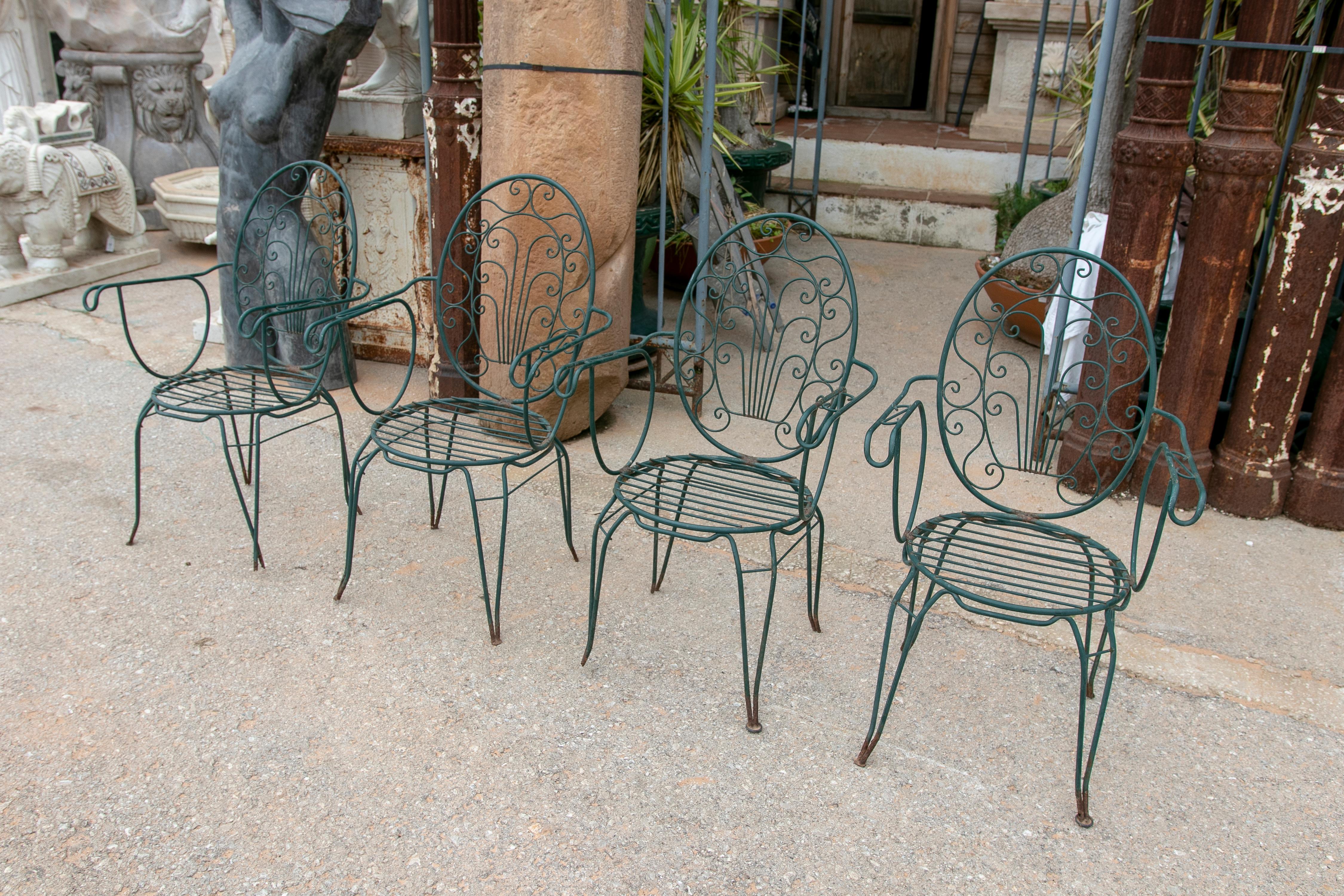 Spanish 1980s Set of Four Green-Painted Iron Chairs  For Sale