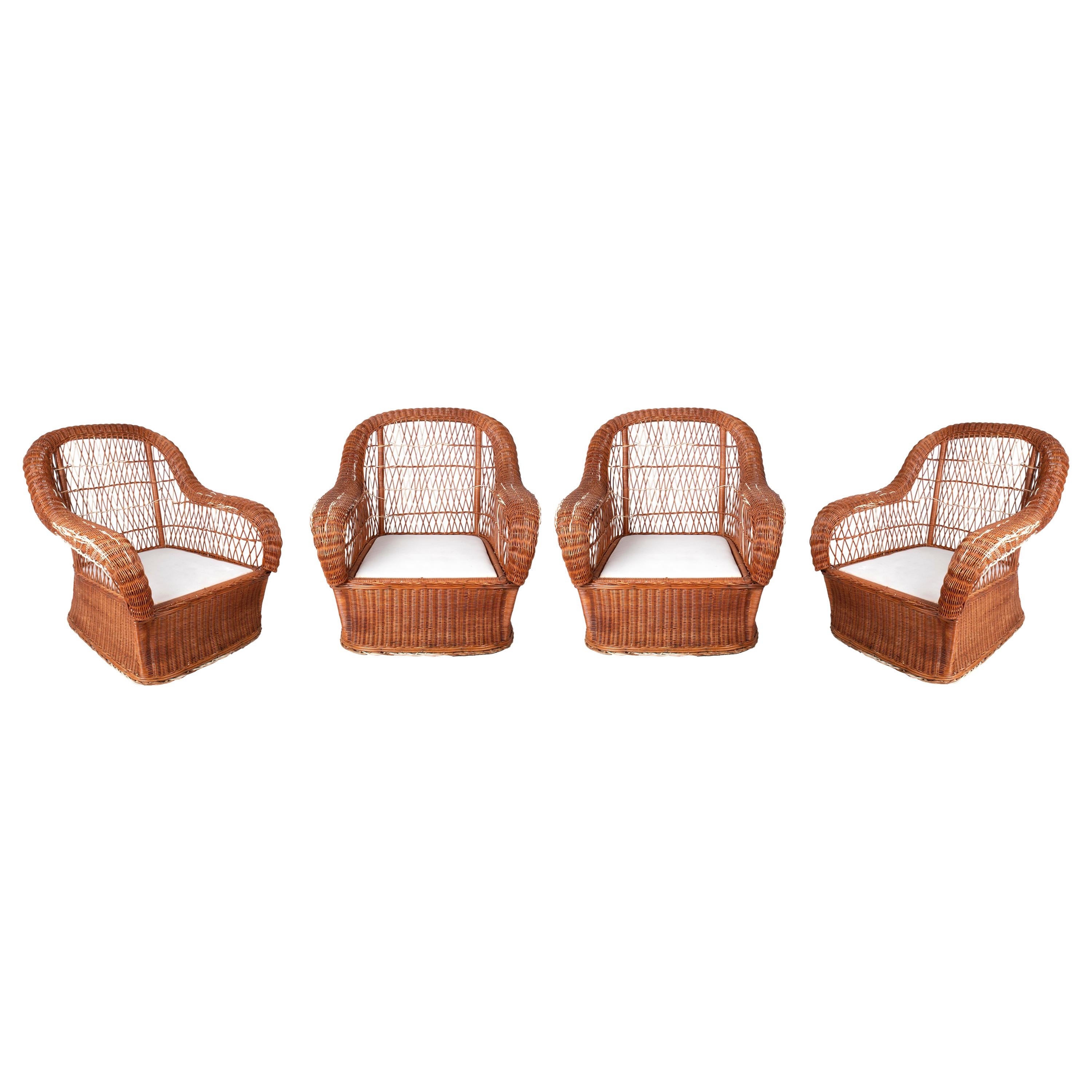 1980s Set of Four Hand Woven Rattan Garden Armchairs