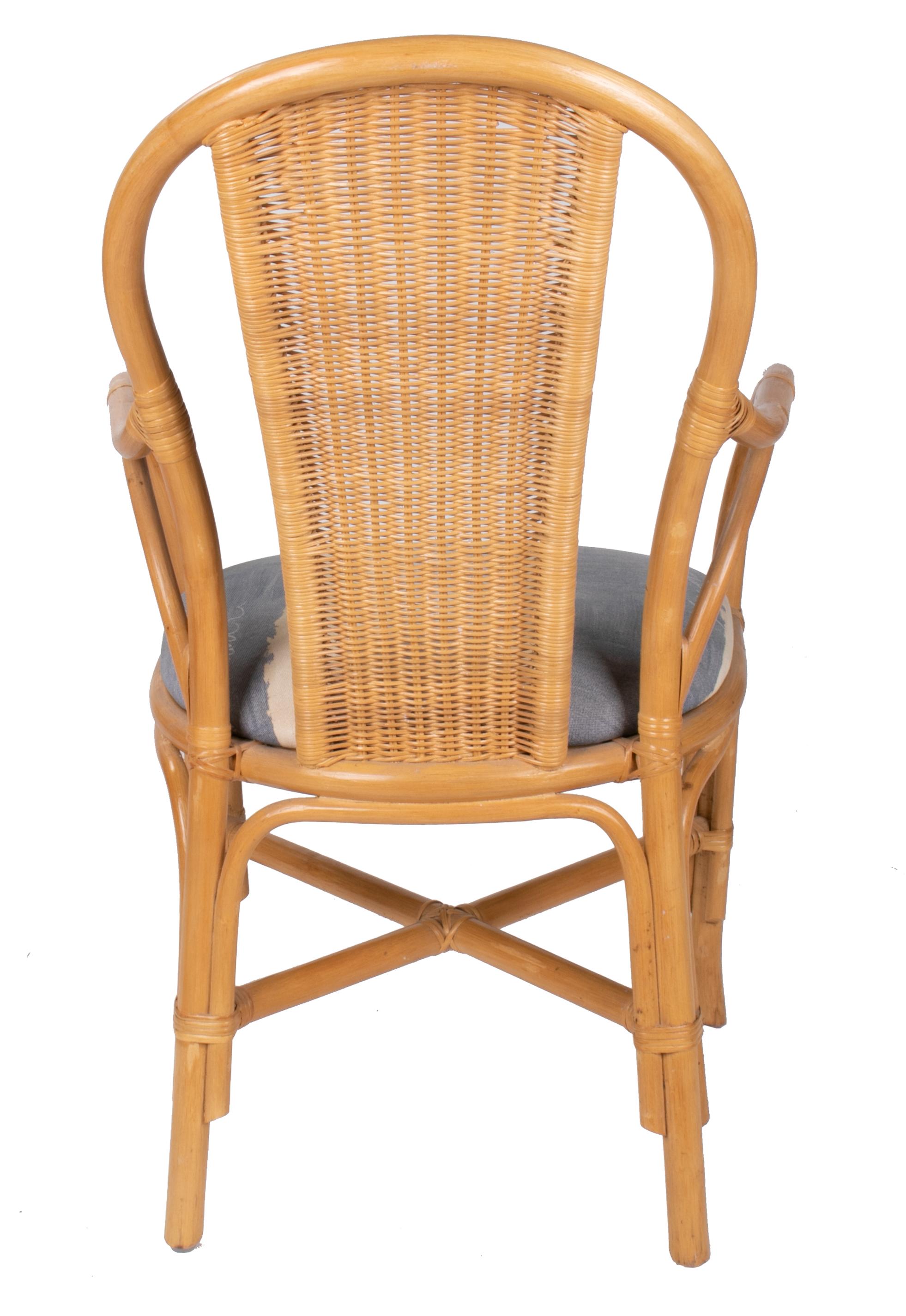 20th Century 1980s Set of Four Spanish Bamboo and Wicker Upholstered Armchairs For Sale