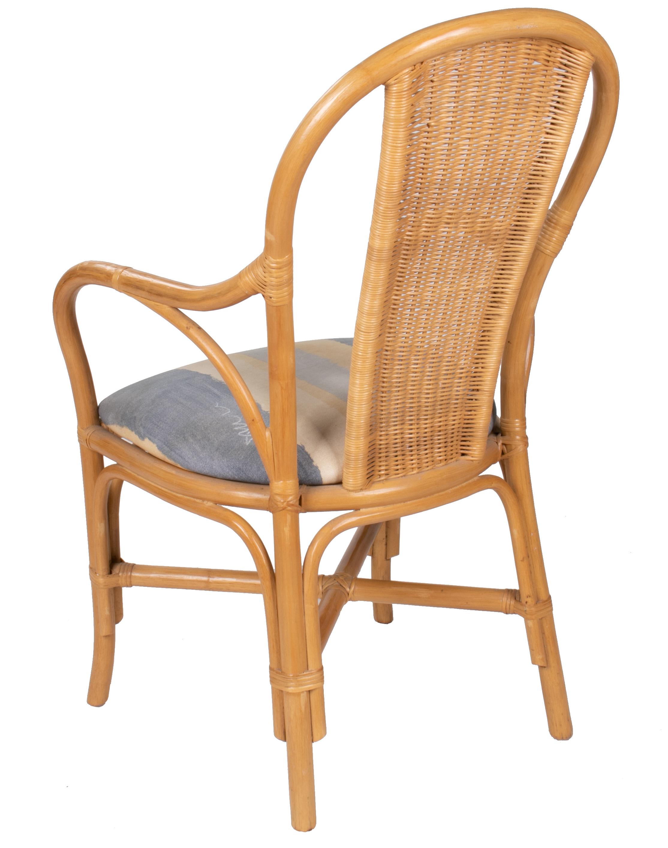 1980s Set of Four Spanish Bamboo and Wicker Upholstered Armchairs For Sale 1