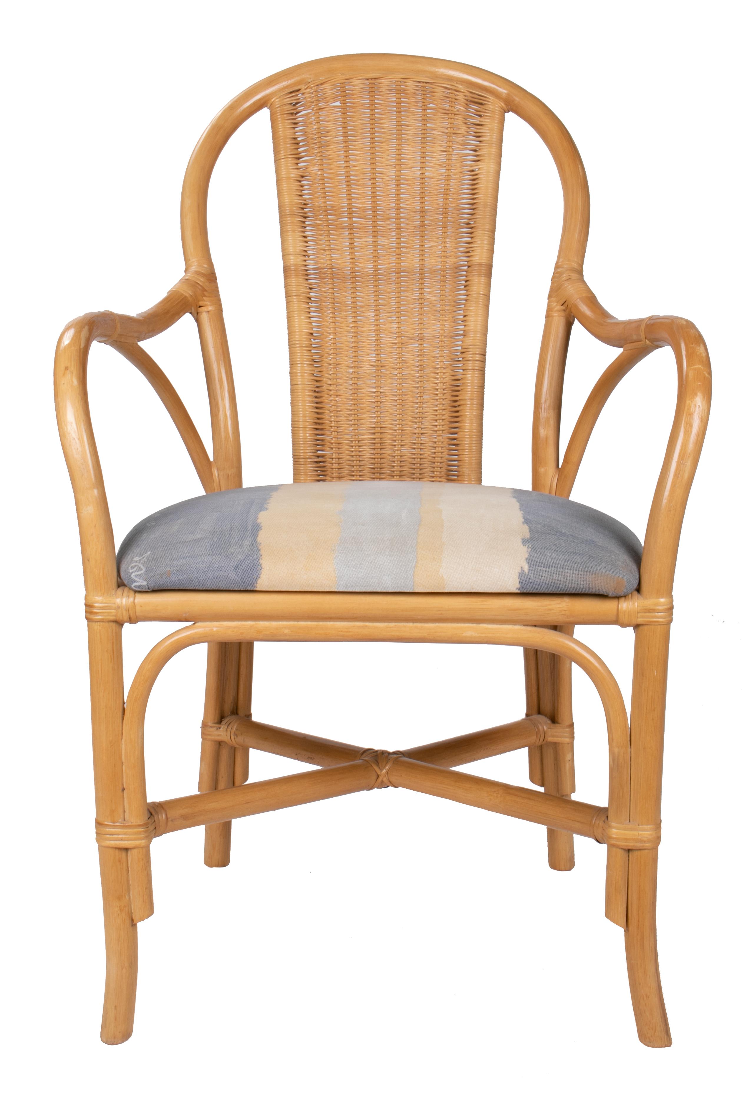 1980s Set of Four Spanish Bamboo and Wicker Upholstered Armchairs For Sale 3