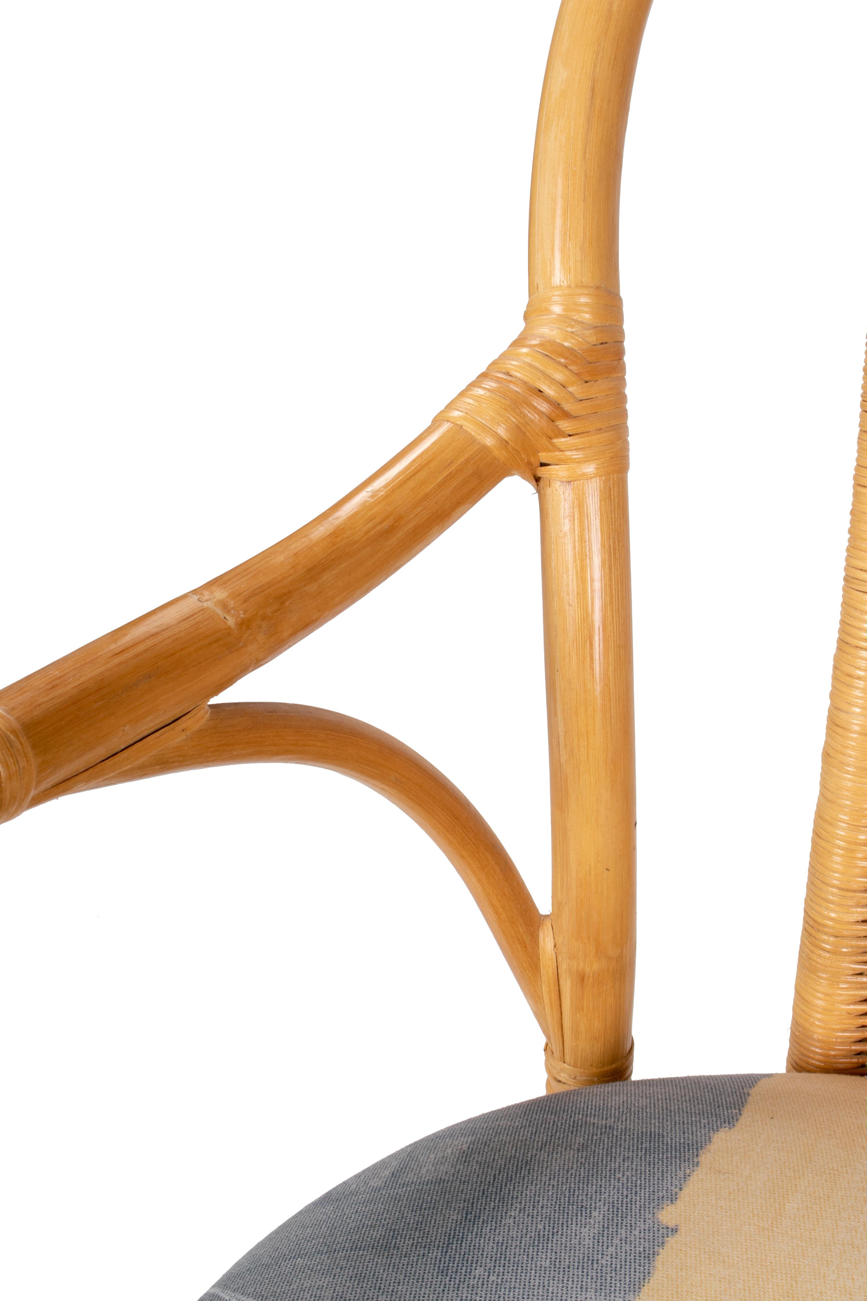 Set aus vier spanischen gepolsterten Sesseln aus Bambus und Korbweide, 1980er Jahre im Angebot 4