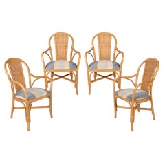 1980s Set of Four Spanish Bamboo and Wicker Upholstered Armchairs