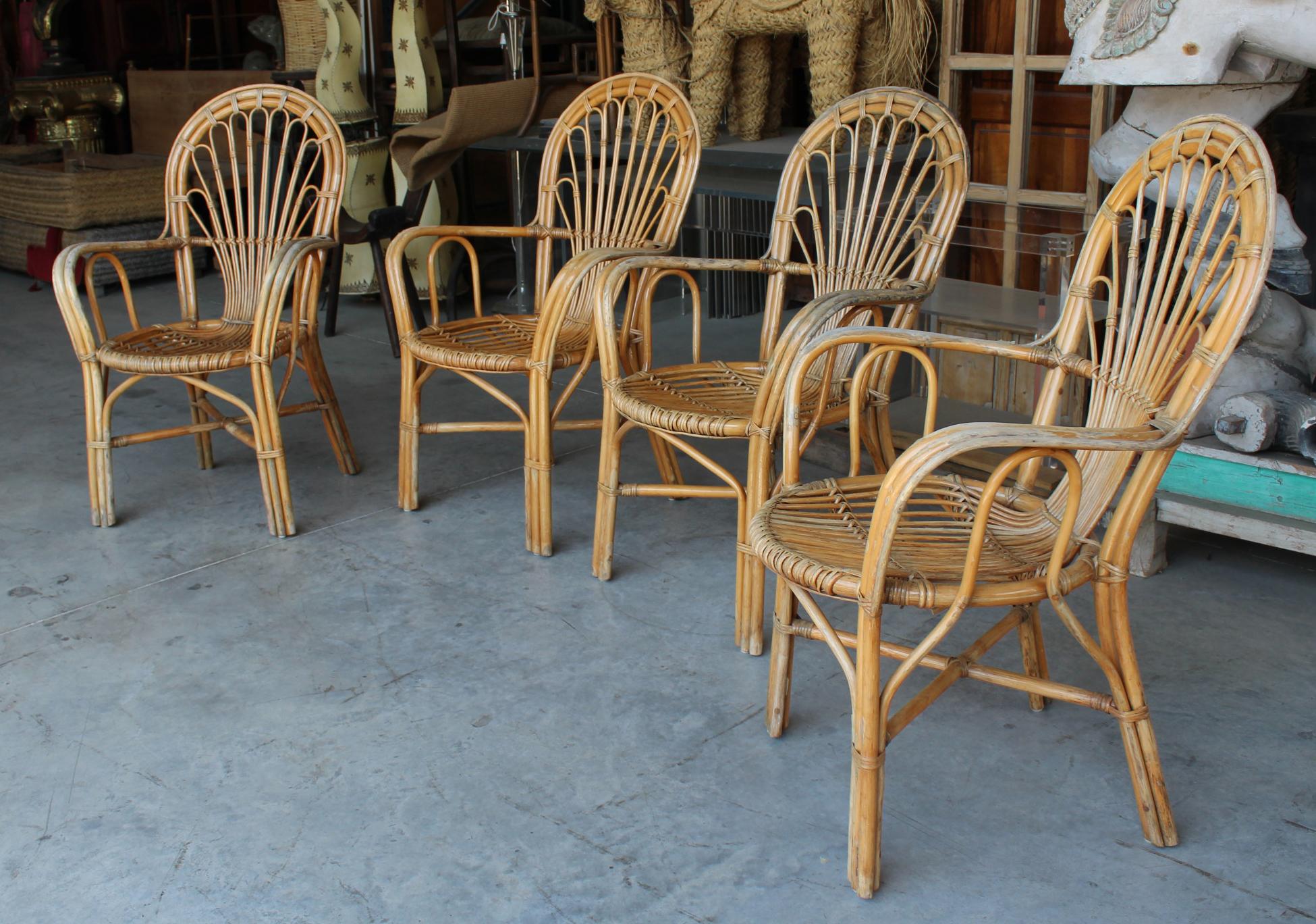 1980s set of four Spanish bamboo and wood chairs.