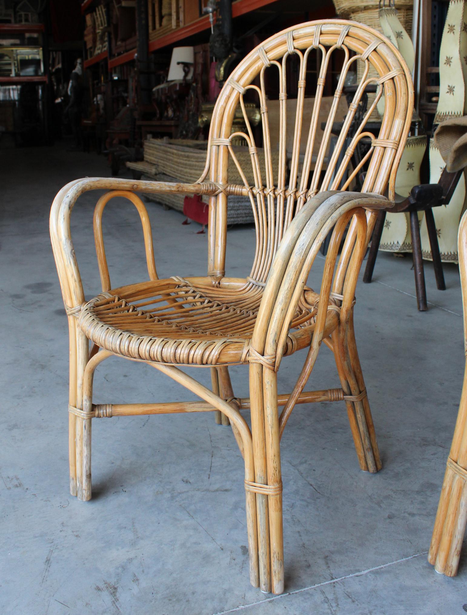 1980s Set of Four Spanish Bamboo and Wood Chairs For Sale 1