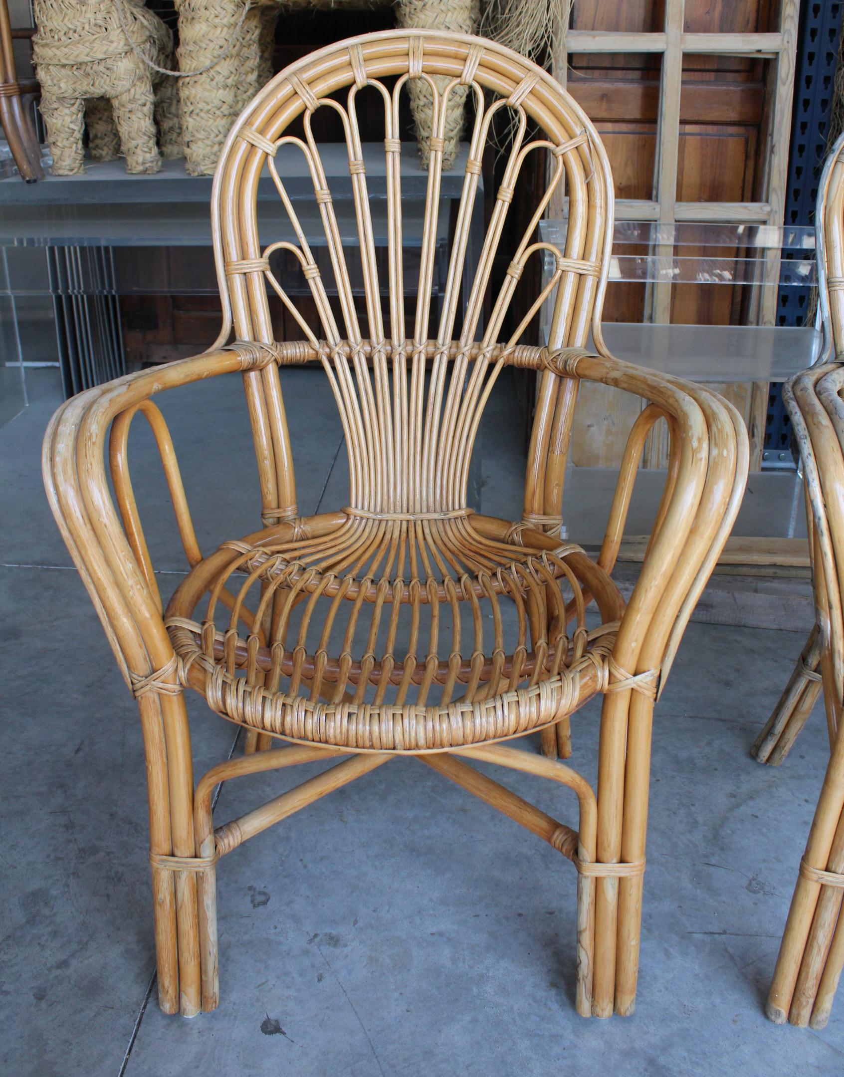 1980s Set of Four Spanish Bamboo and Wood Chairs For Sale 2