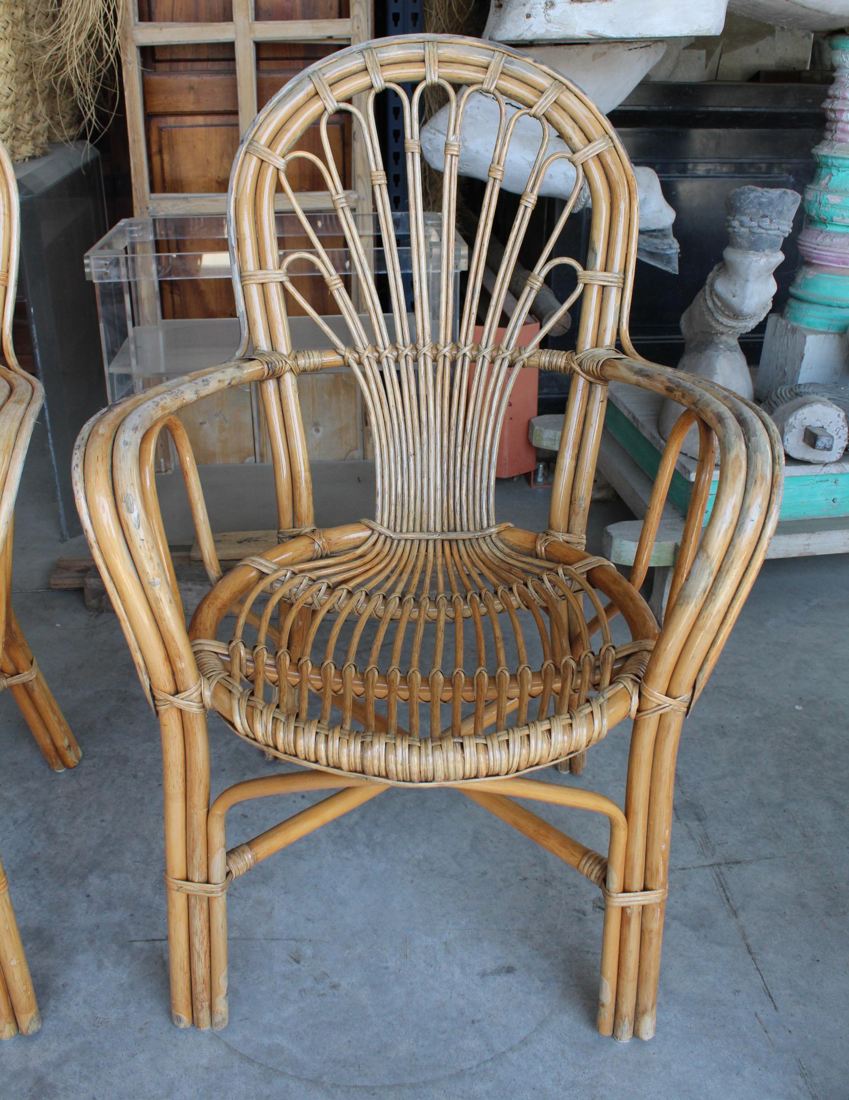 1980s Set of Four Spanish Bamboo and Wood Chairs For Sale 3