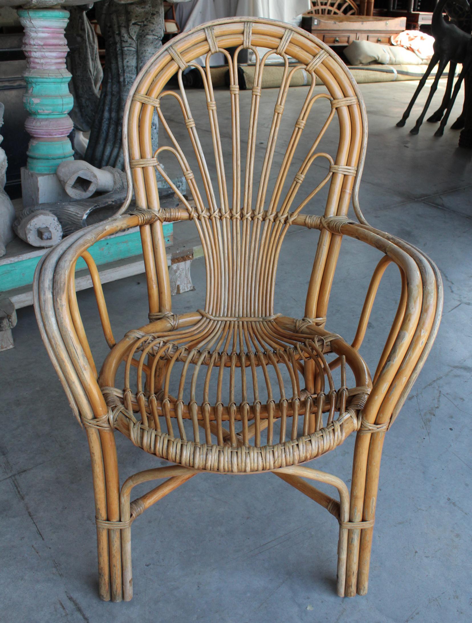 1980s Set of Four Spanish Bamboo and Wood Chairs For Sale 4