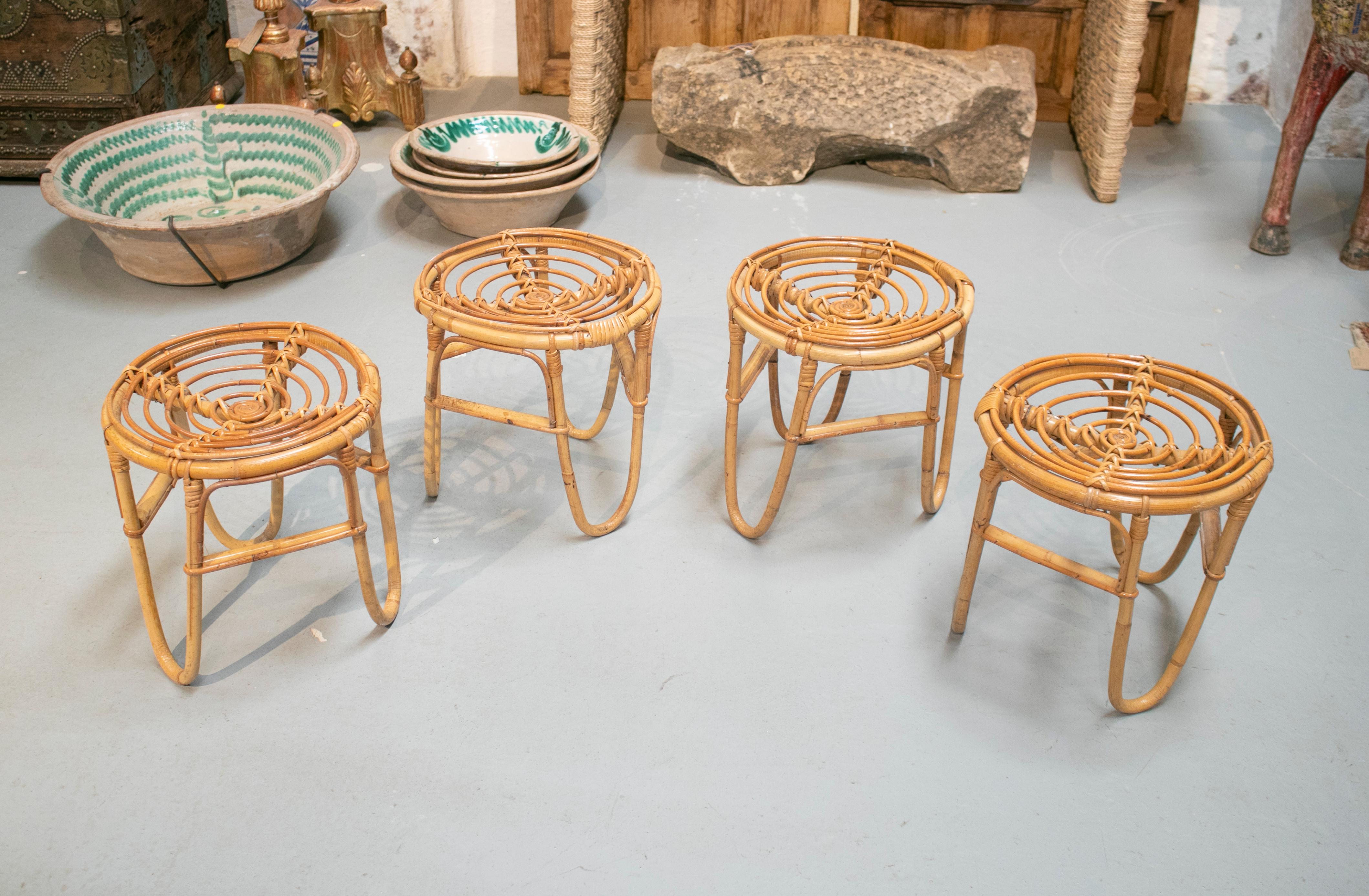 1980s set of four Spanish bamboo stools.