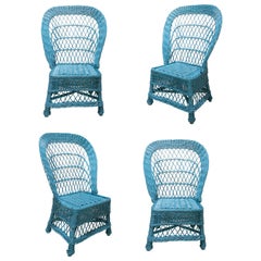 1980s Set of Four Wicker Blue Painted Armchairs 1980s Set of Four Wicker Blue Painted Armchairs