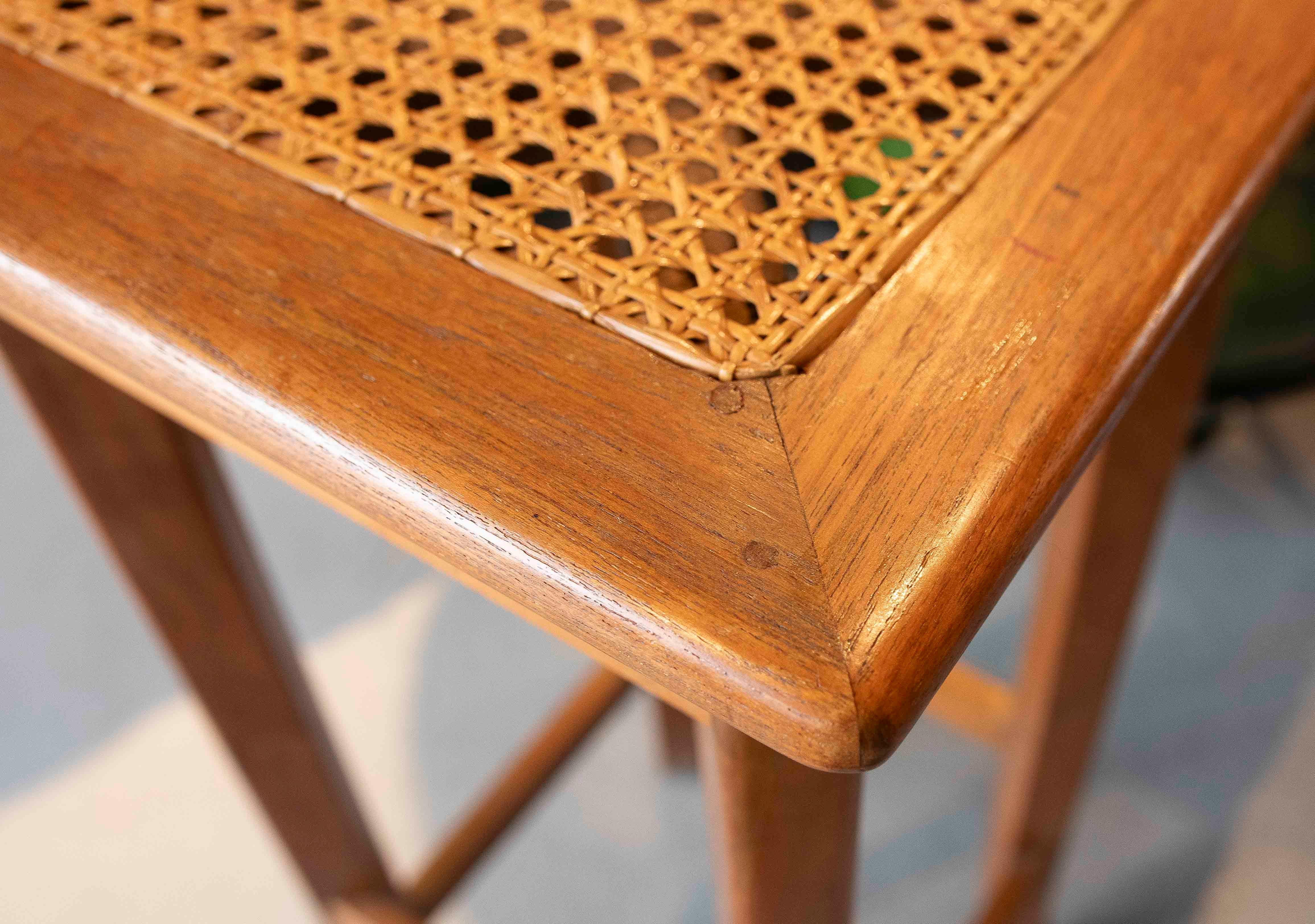 1980s Set of Four Wooden Stools with Wicker Seats For Sale 8