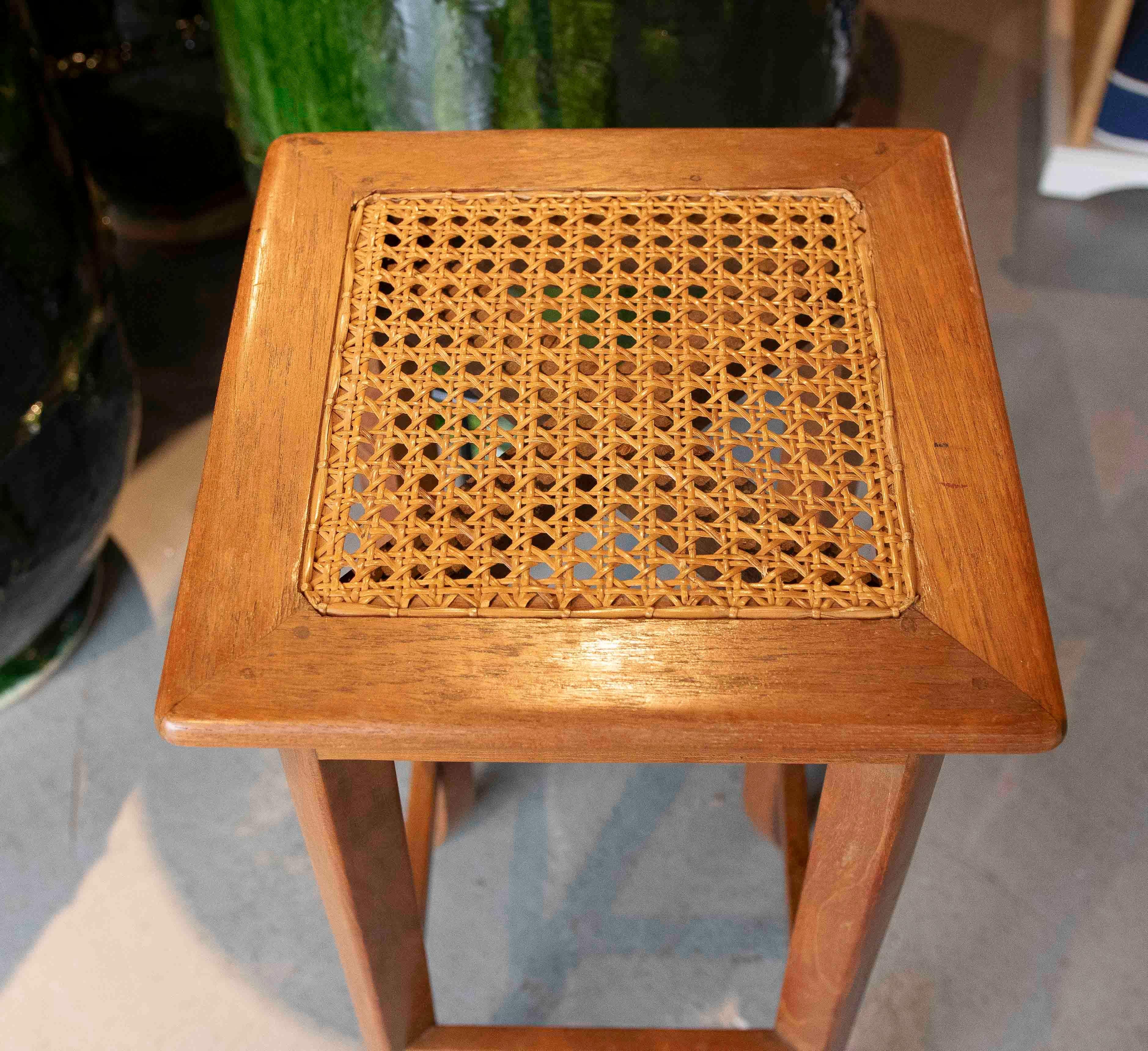 1980s Set of Four Wooden Stools with Wicker Seats For Sale 9