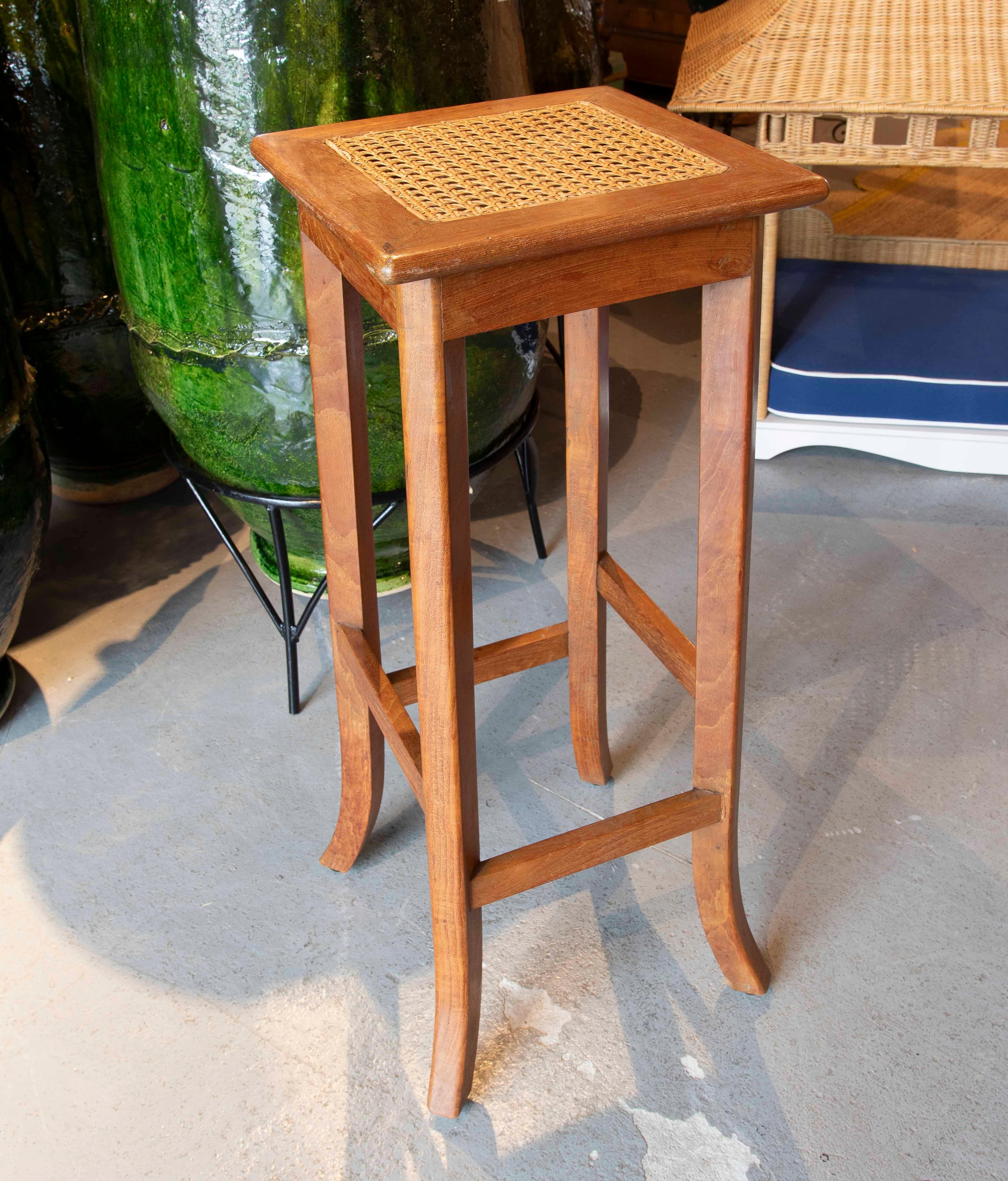 Spanish 1980s Set of Four Wooden Stools with Wicker Seats For Sale