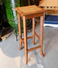 1980s Set of Four Wooden Stools with Wicker Seats