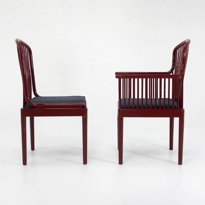 This is a set of six Andover Dining Chairs, designed by Davis Allen for Stendig in 1983. This particular set was manufactured in Italy in the mid-80s. The chairs have frames of solid beech which have a red lacquered finish and they retain their