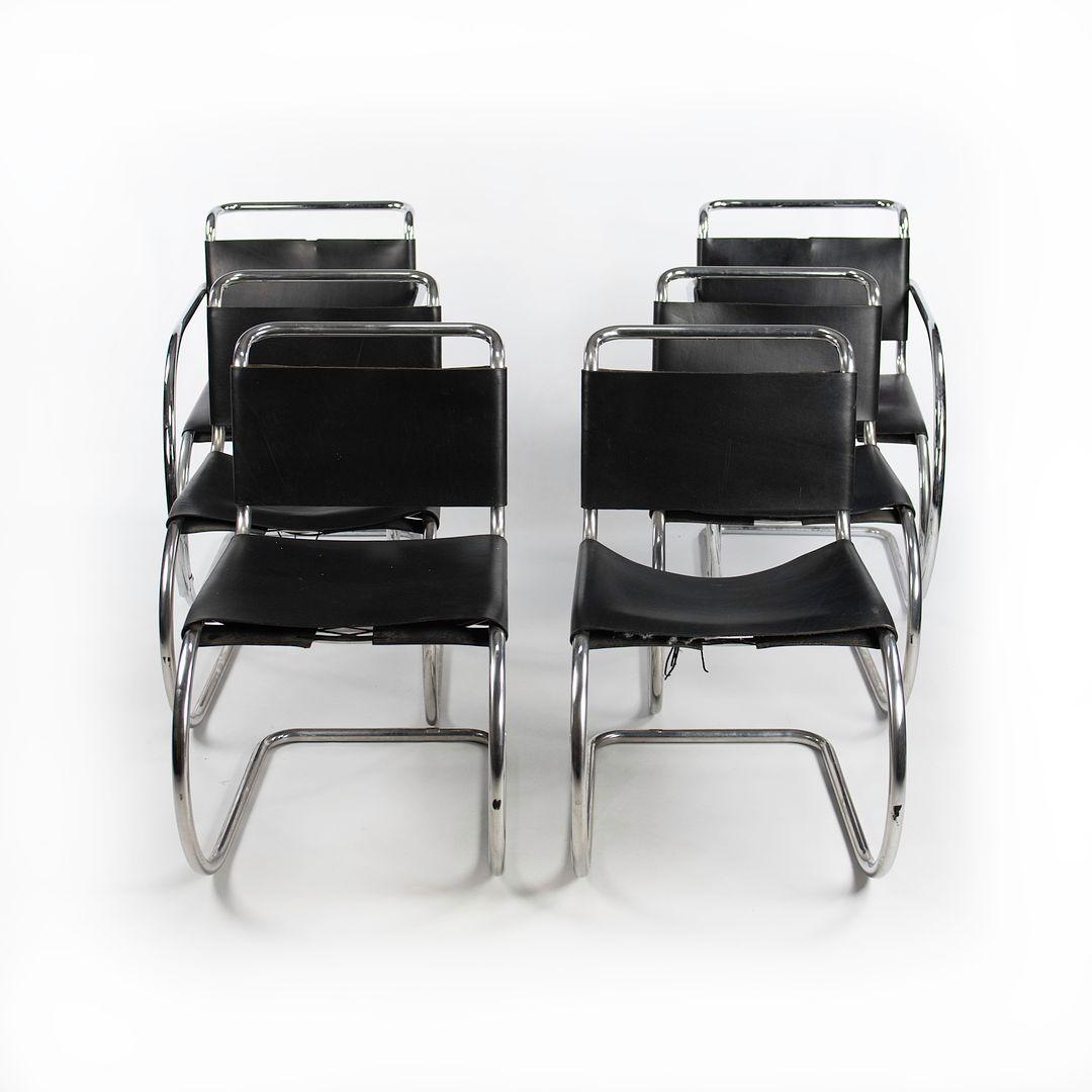 1980s Set of Six Mies van der Rohe MR10 and MR20 Steel and Leather Dining Chairs For Sale 6