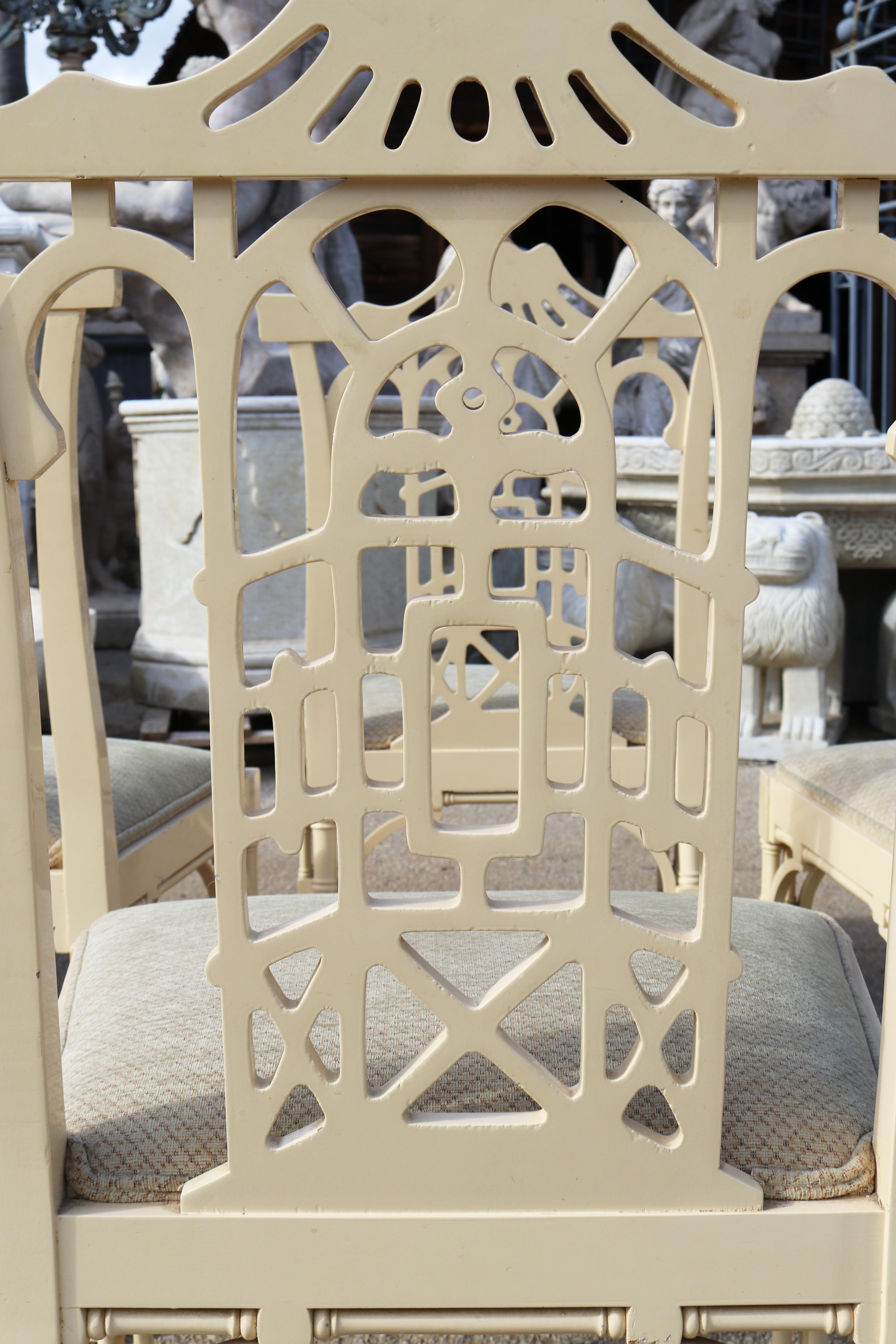 1980s Set of Six Spanish White Lacquer Oriental Chinoiserie Pagoda Dining Chairs 9