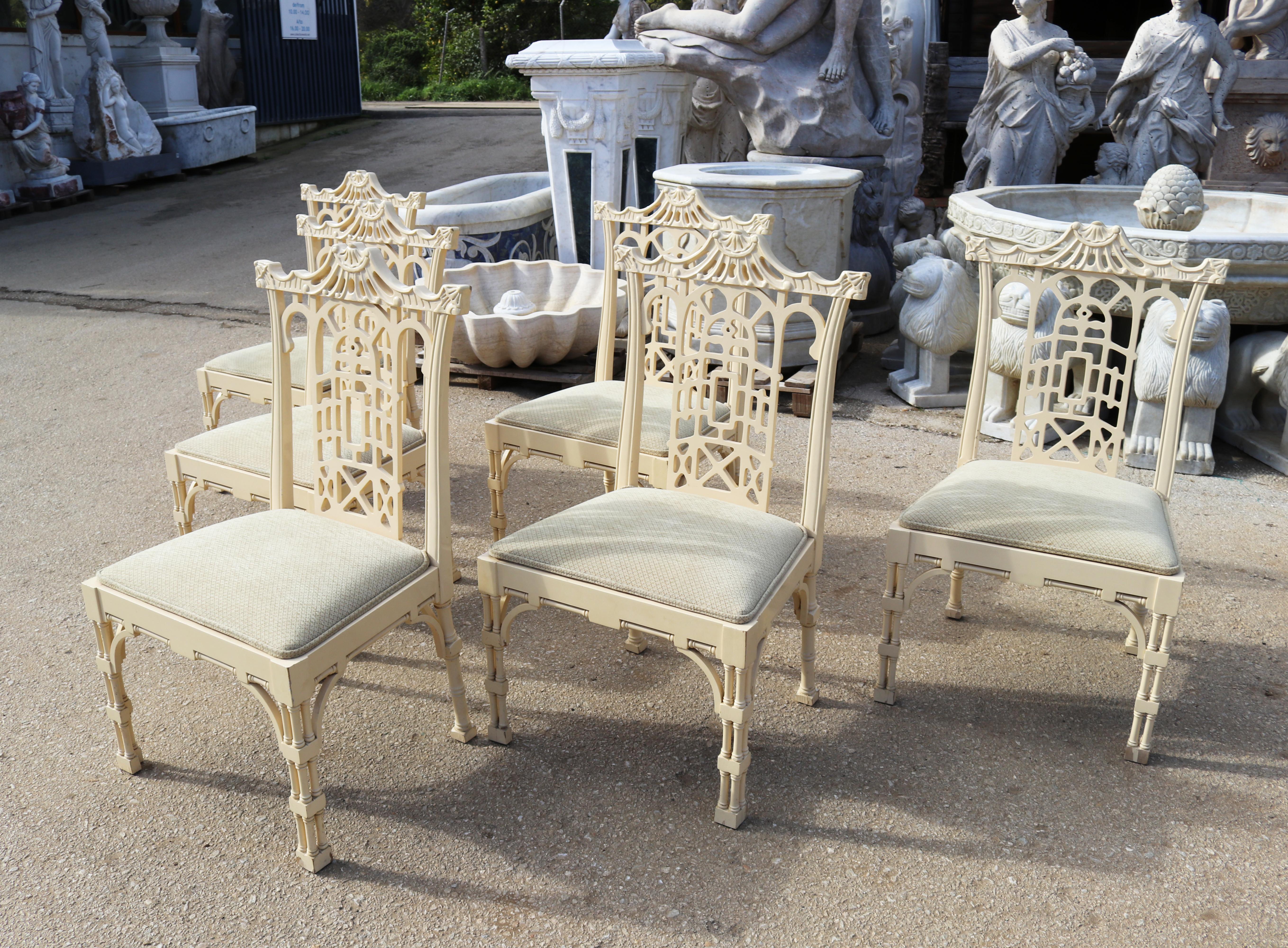 1980s set of six Spanish white lacquered wooden oriental chinoiserie pagoda dining chairs.