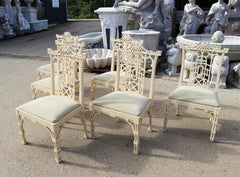 1980s Set of Six Spanish White Lacquer Oriental Chinoiserie Pagoda Dining Chairs