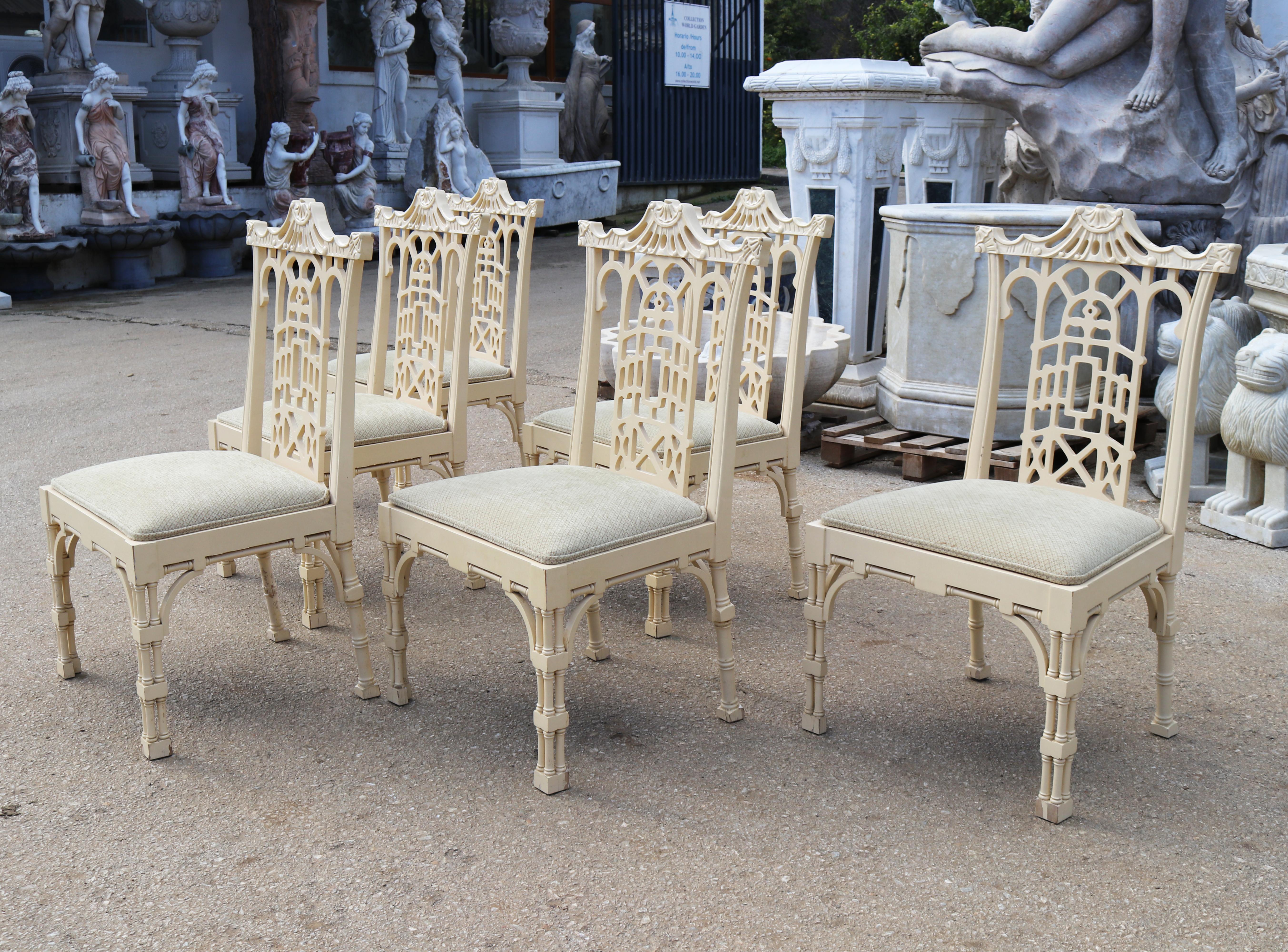 Lacquered 1980s Set of Six Spanish White Lacquer Oriental Chinoiserie Pagoda Dining Chairs