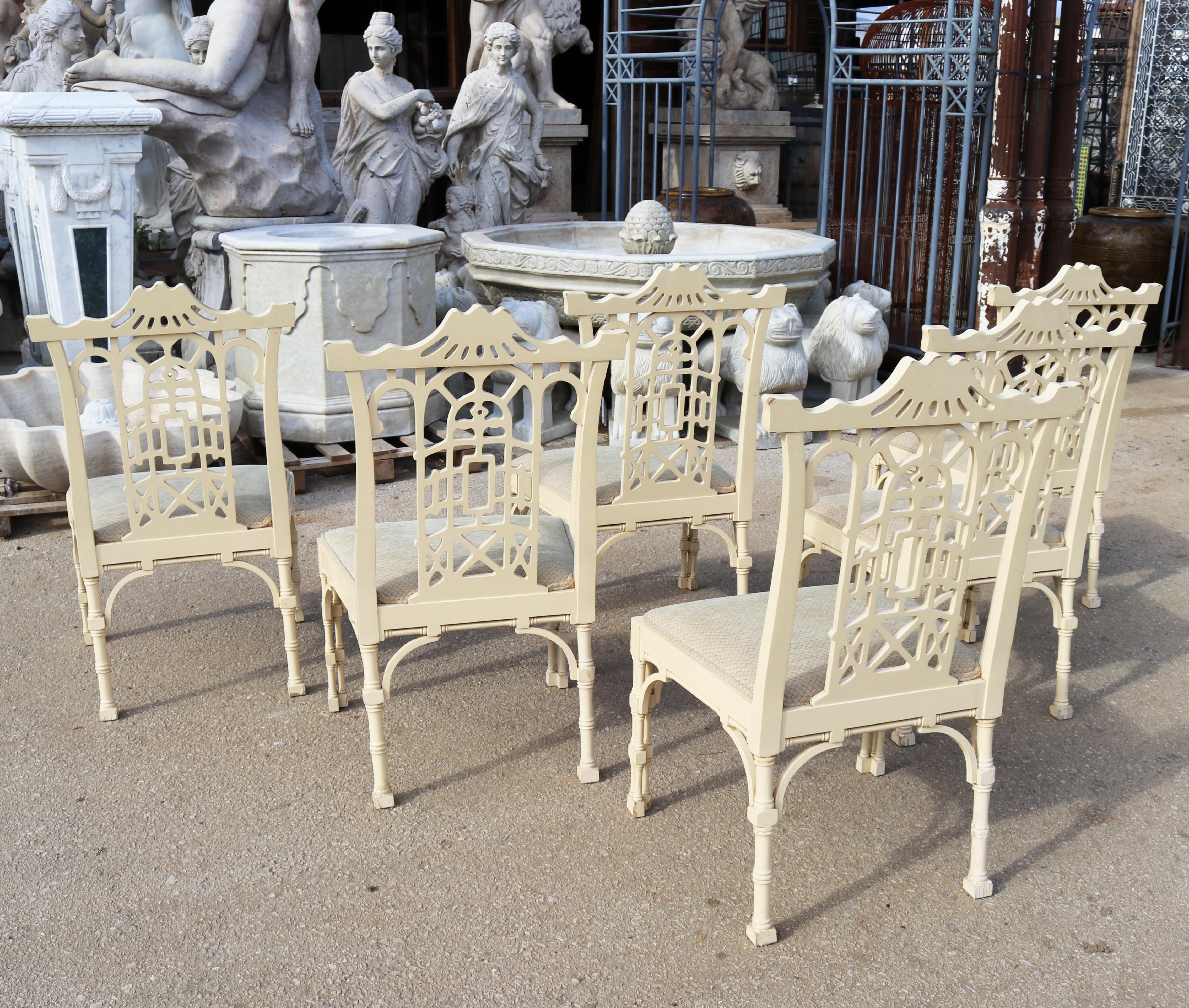 Wood 1980s Set of Six Spanish White Lacquer Oriental Chinoiserie Pagoda Dining Chairs