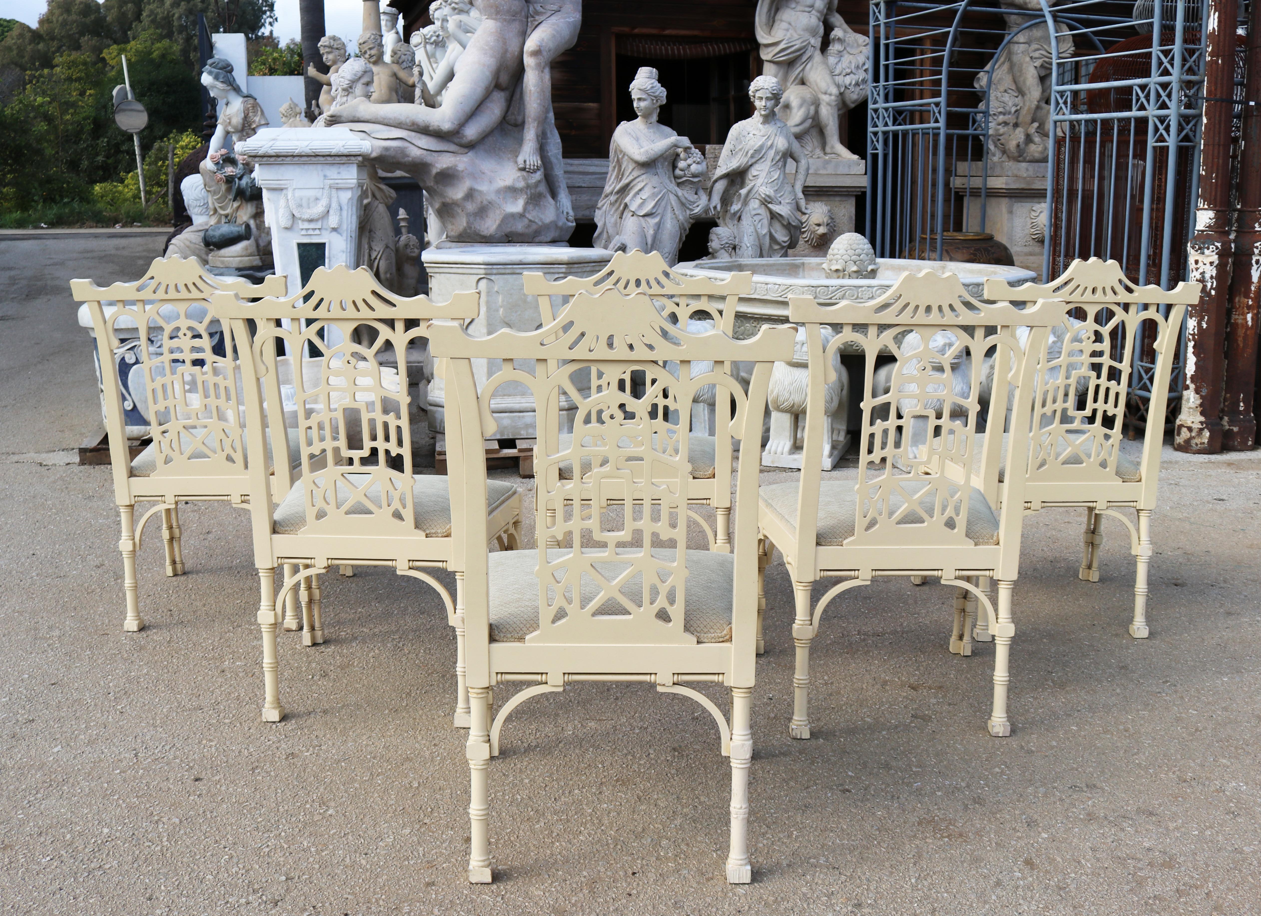 1980s Set of Six Spanish White Lacquer Oriental Chinoiserie Pagoda Dining Chairs 2