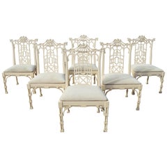 1980s Set of Six Spanish White Lacquer Oriental Chinoiserie Pagoda Dining Chairs