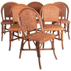 Antique 1980s Set of Six Spanish Wicker and Wood Chairs