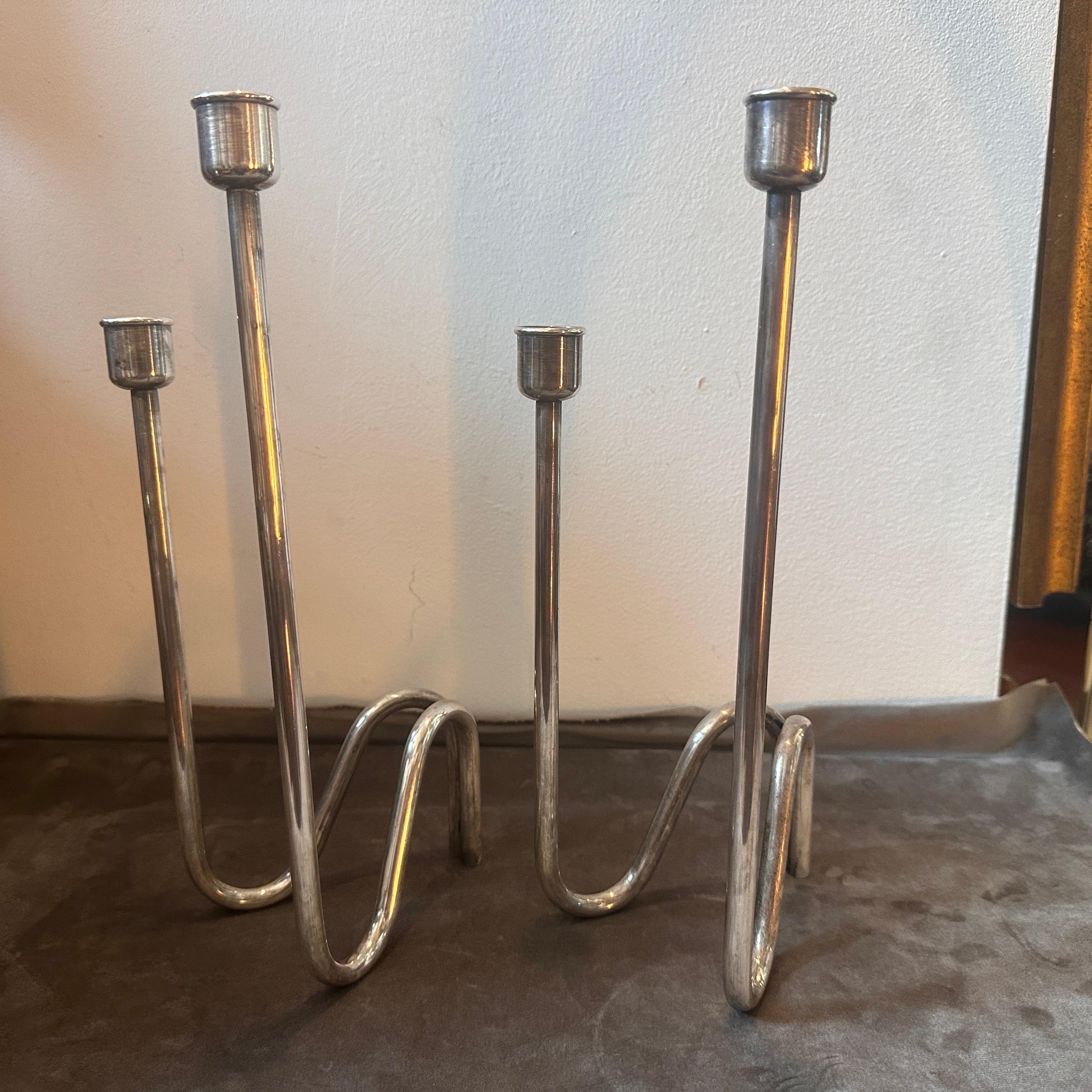 20th Century 1980s Set of Two Iconic Lino Sabattini Minimalist Silver Plated Candelabras For Sale