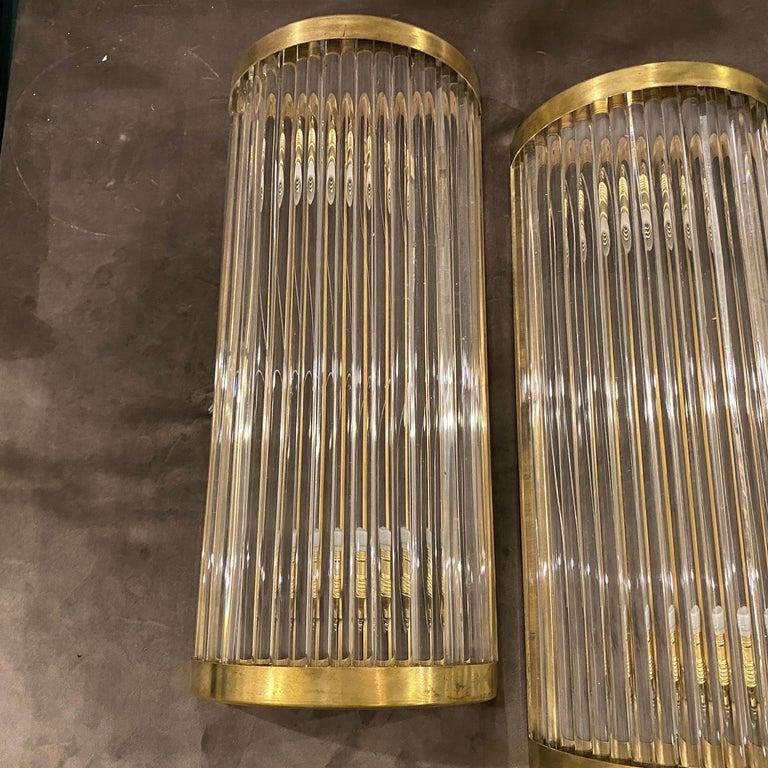 1980s Set of Two Mid-Century Modern Brass and Glass Italian Wall Sconces For Sale 6
