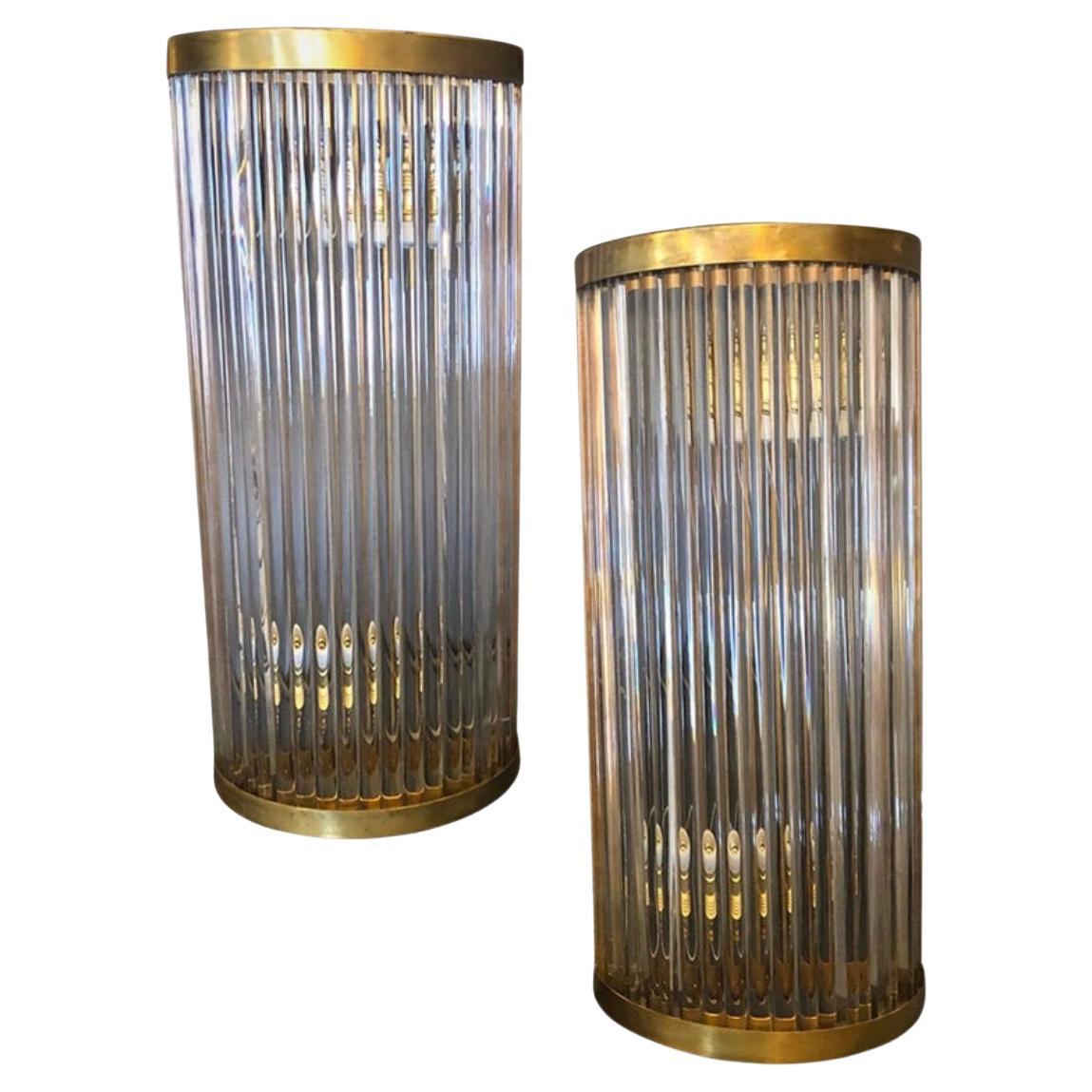 1980s Set of Two Mid-Century Modern Brass and Glass Italian Wall Sconces For Sale
