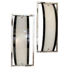 1980s Set of Two Modernist Black and White Glass and Chrome Italian Wall Sconces