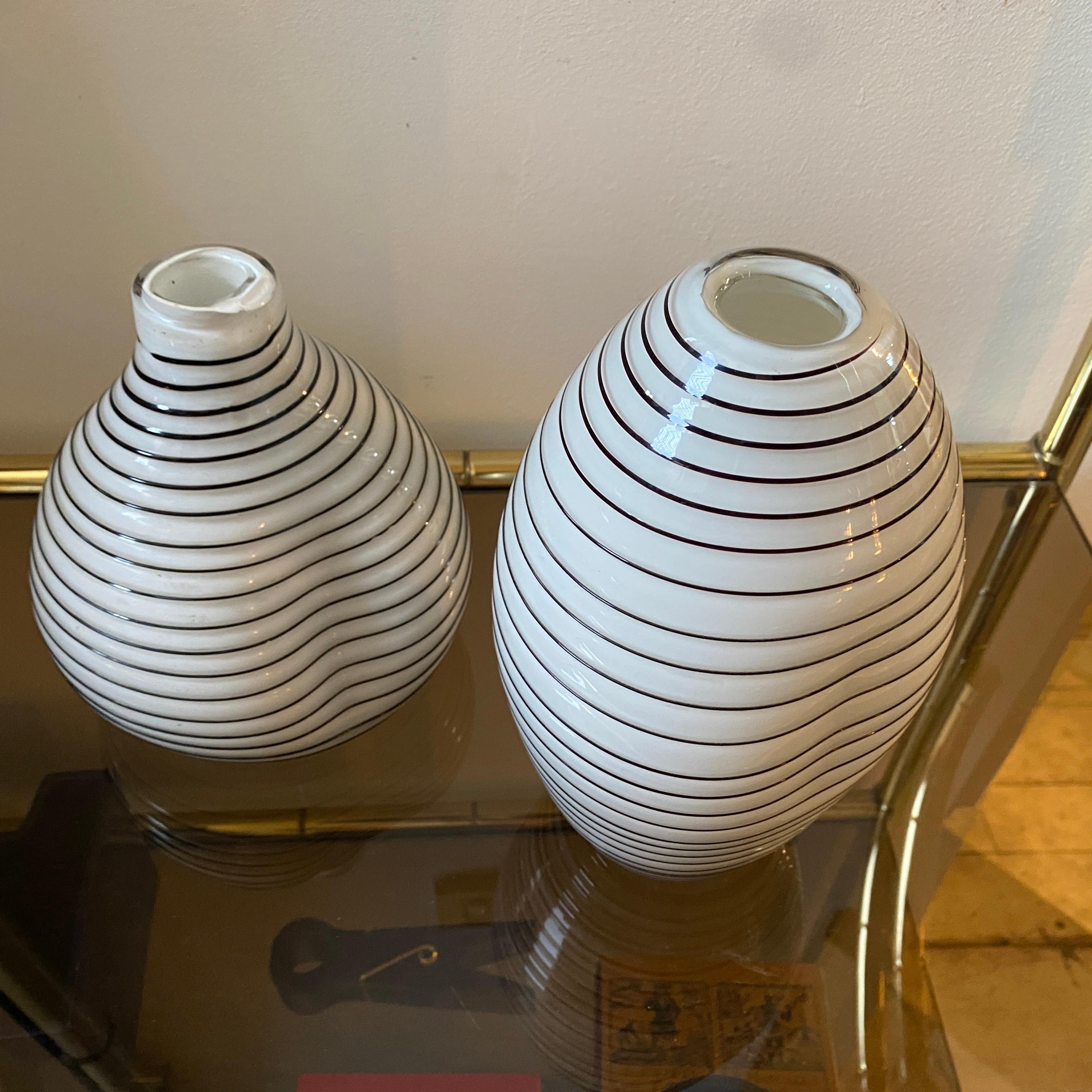 Italian 1980s Set of Two Modernist White and Black Stripes Murano Glass Vases