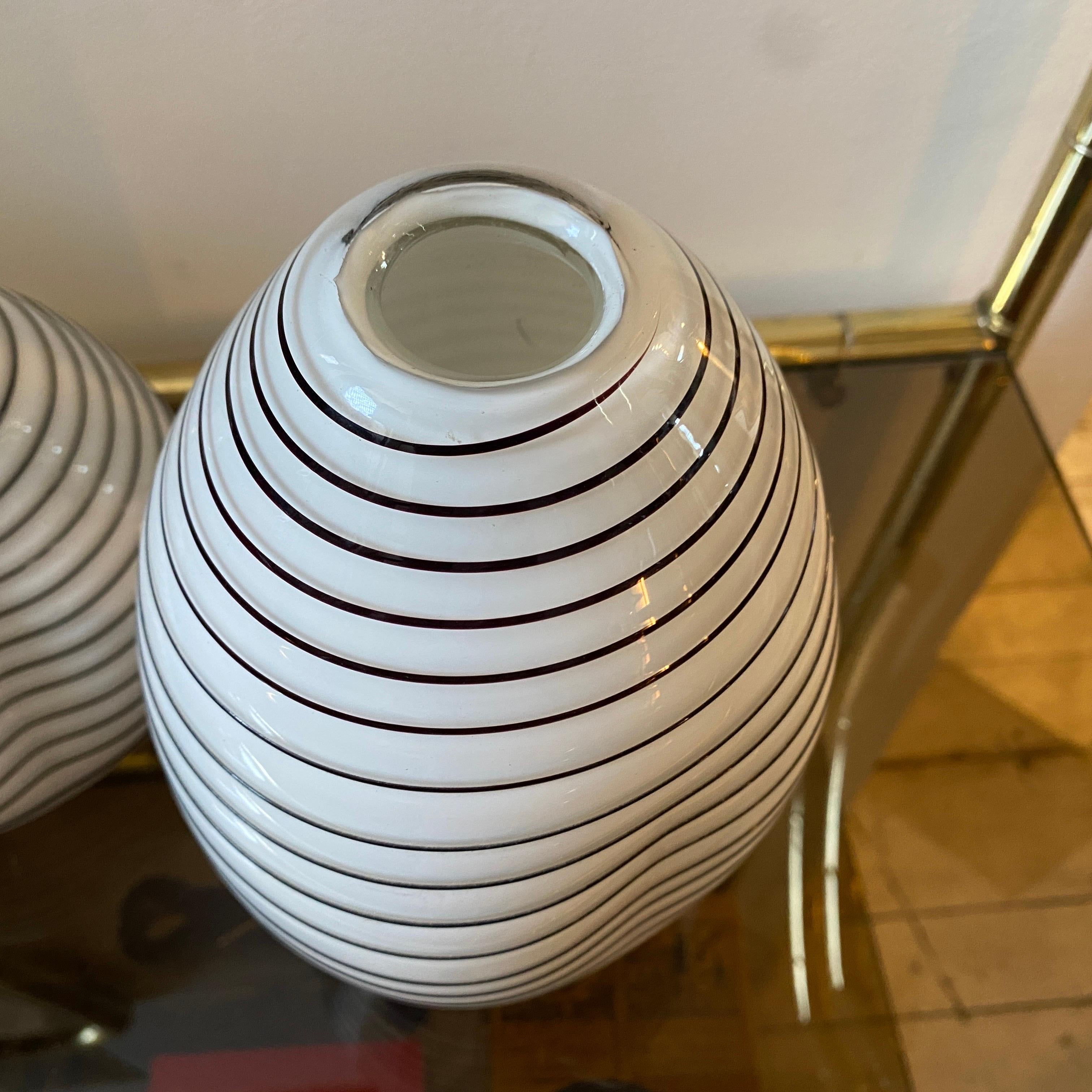 Hand-Crafted 1980s Set of Two Modernist White and Black Stripes Murano Glass Vases