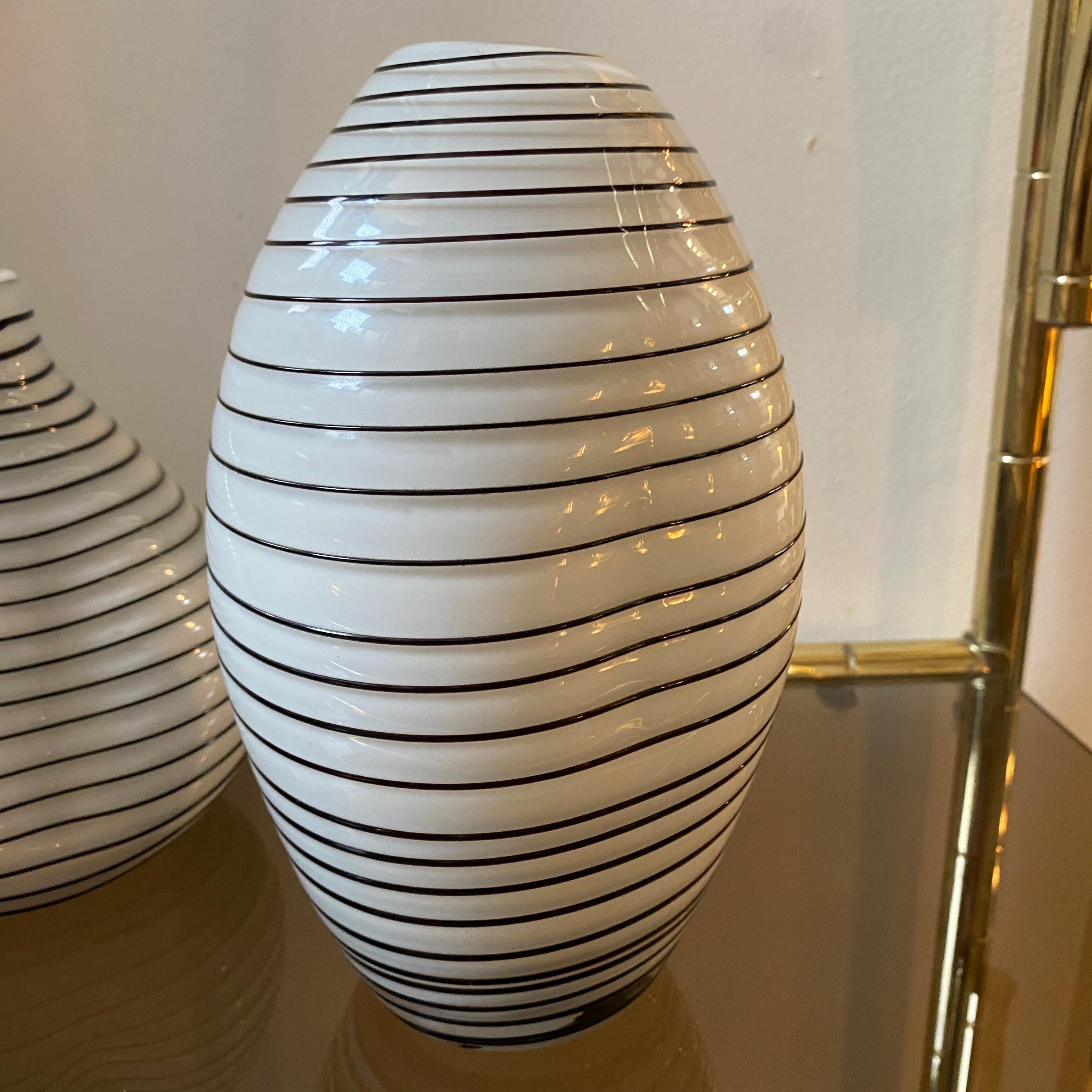 20th Century 1980s Set of Two Modernist White and Black Stripes Murano Glass Vases