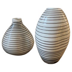 1980s Set of Two Modernist White and Black Stripes Murano Glass Vases