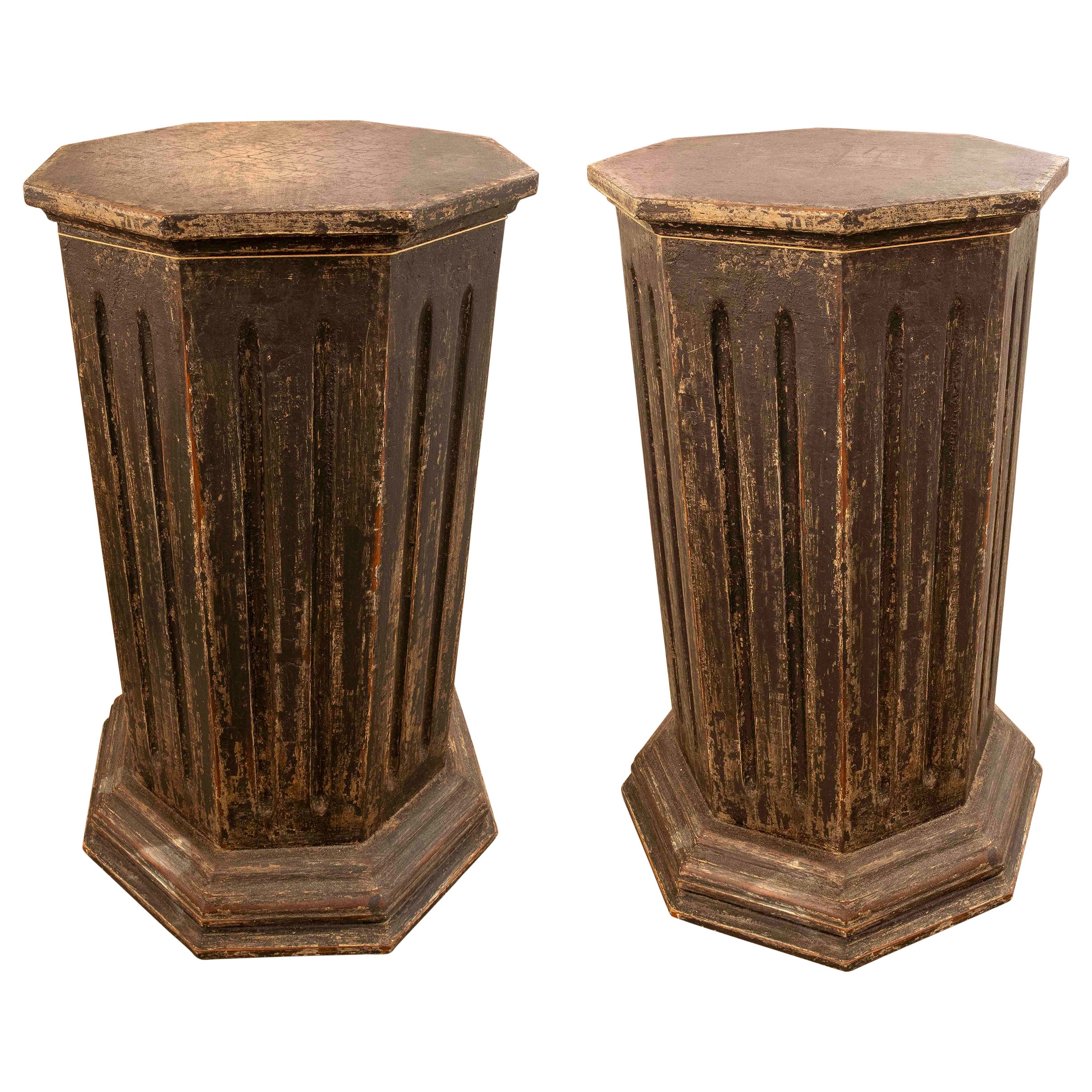 1980s Set of Two Pair of Antique Octagonal Pedestals in Darkened Wood For Sale