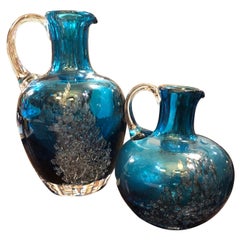 1980s Set of Two Vintage Blue and Gray Glass German Jugs