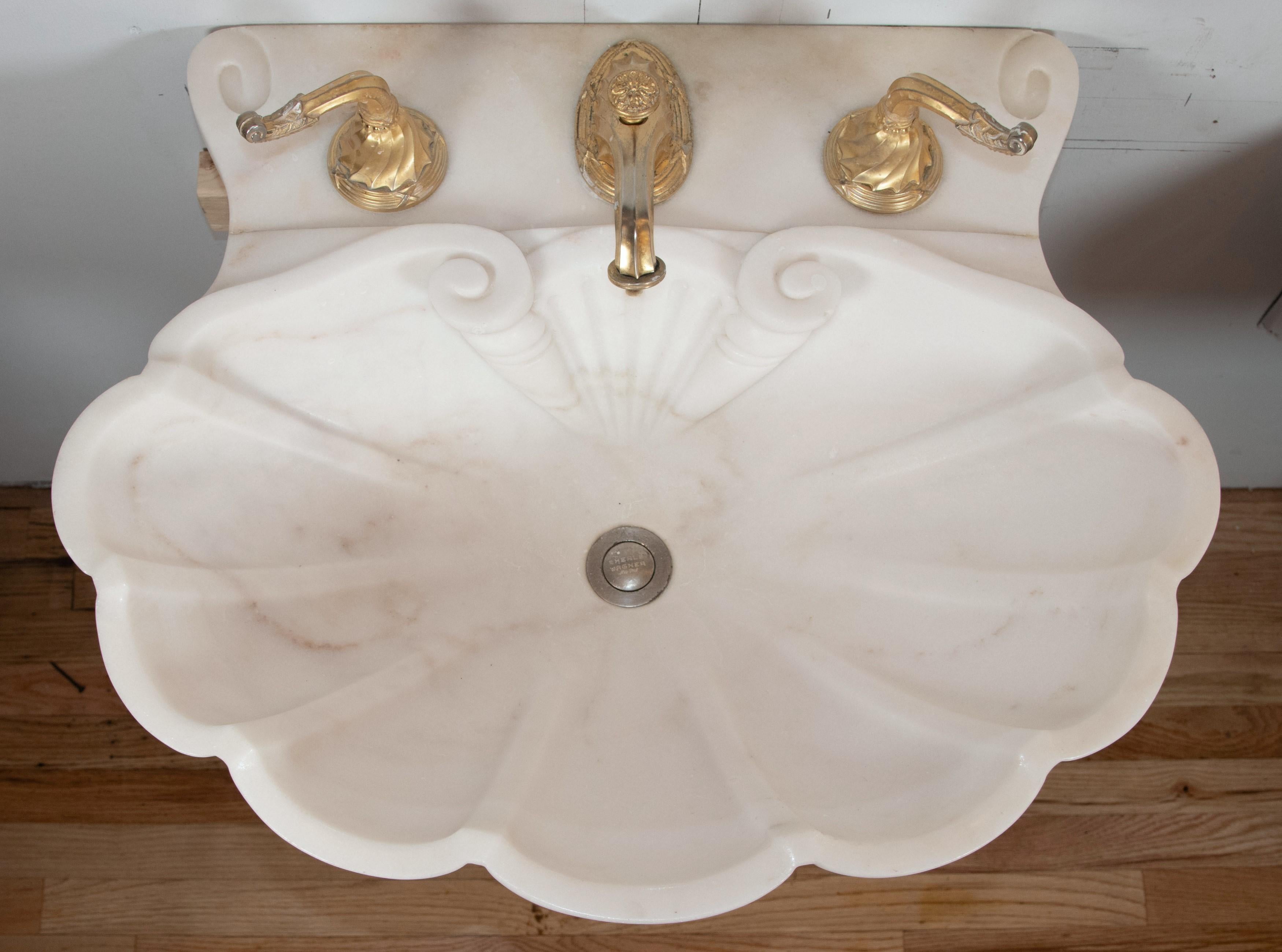 1980s Sheryl Wagner Clamshell White Marble Sink w Gilt Hardware 5