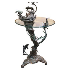 1980s Side Table with bronze casts of Earth, Sea, Air Animals, American