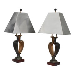 1980s Signed Brutalist Bronze Table Lamps
