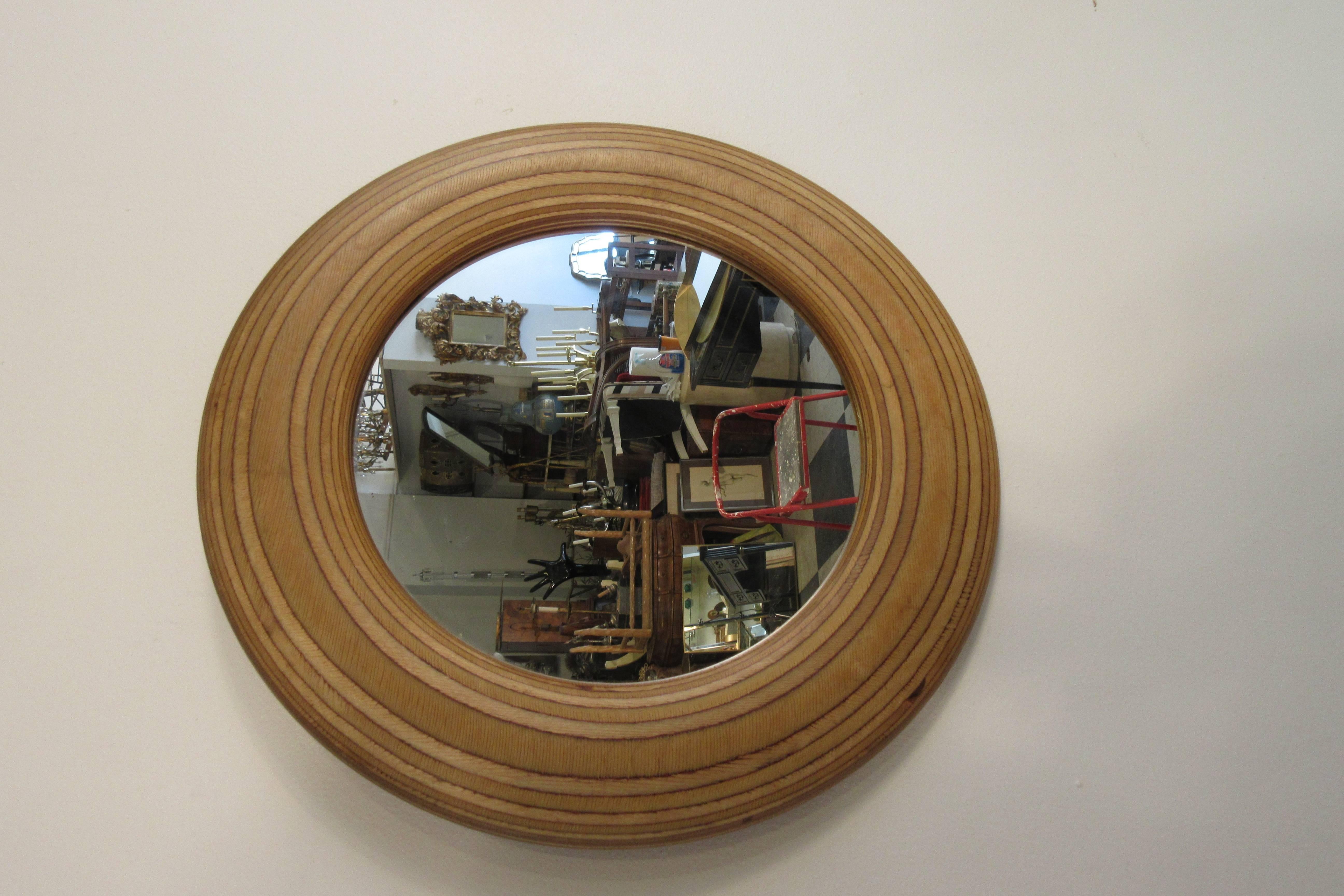 1980s signed circular white birch mirror.